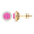 Round Pink Sapphire Halo Stud Earrings with Diamond Pink Sapphire - ( AAA ) - Quality - Rosec Jewels