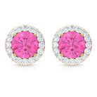 Round Pink Sapphire Halo Stud Earrings with Diamond Pink Sapphire - ( AAA ) - Quality - Rosec Jewels