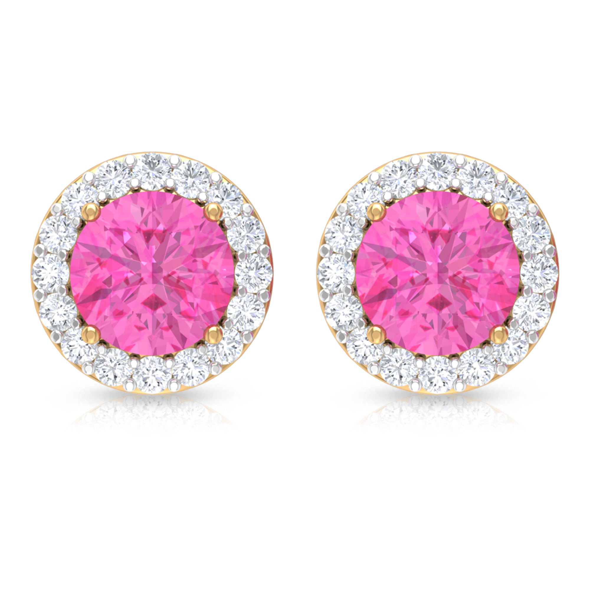 Round Pink Sapphire Halo Stud Earrings with Diamond Pink Sapphire - ( AAA ) - Quality - Rosec Jewels