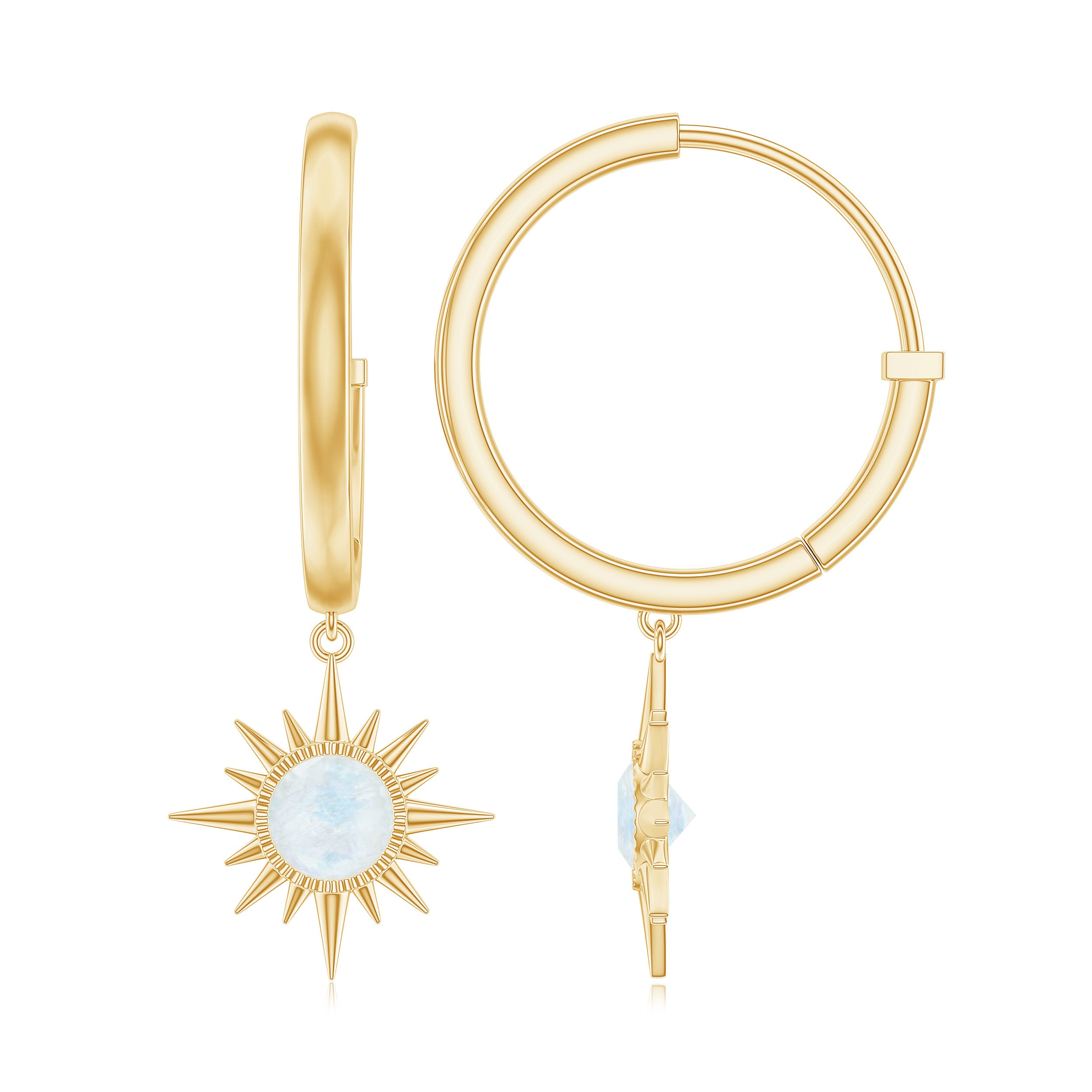 4 MM Round Shape Moonstone and Gold Sunburst Hoop Drop Earrings For Women Moonstone - ( AAA ) - Quality - Rosec Jewels