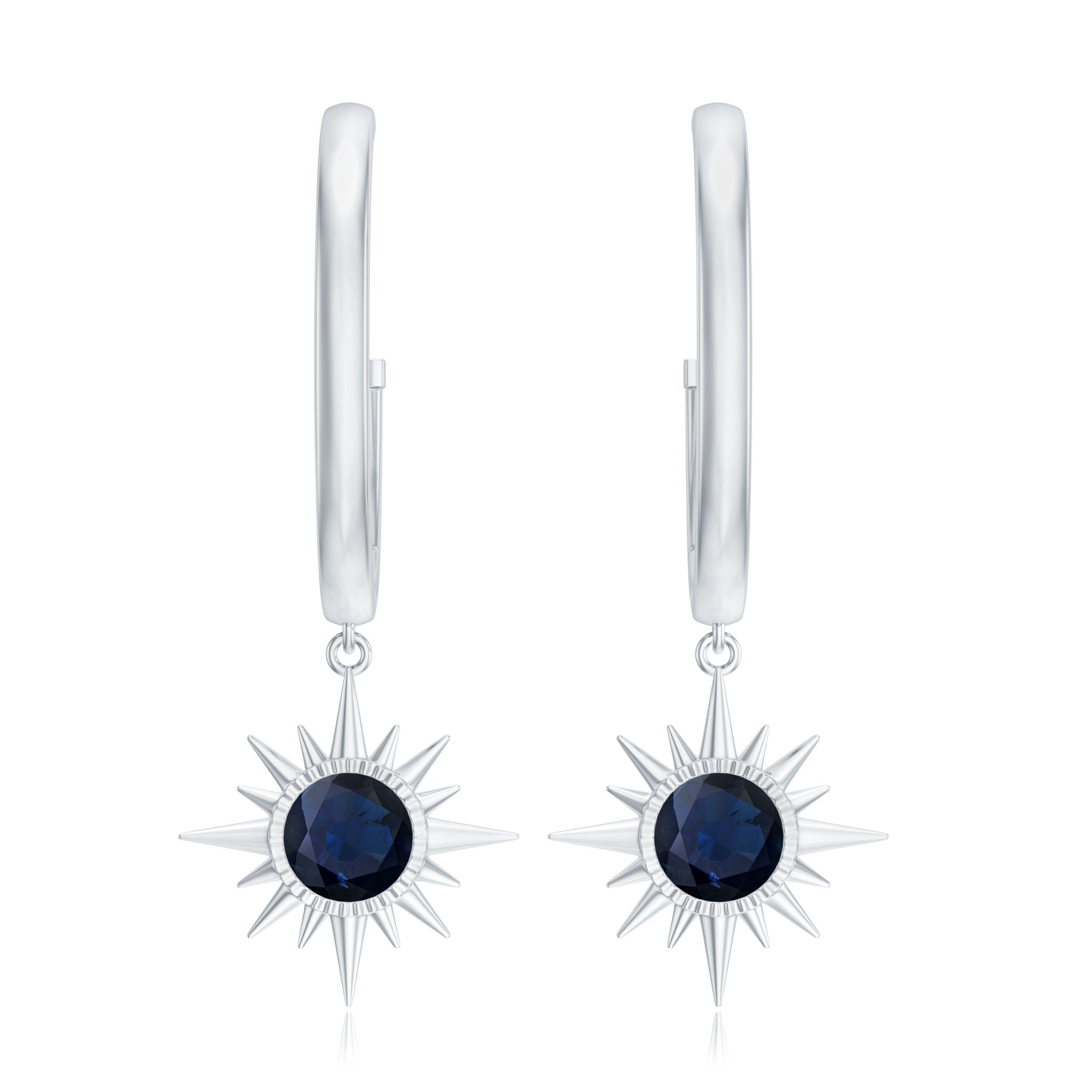 3/4 CT Milgrain Bezel Set Blue Sapphire Sunburst Drop Hoop Earrings for Women Blue Sapphire - ( AAA ) - Quality - Rosec Jewels