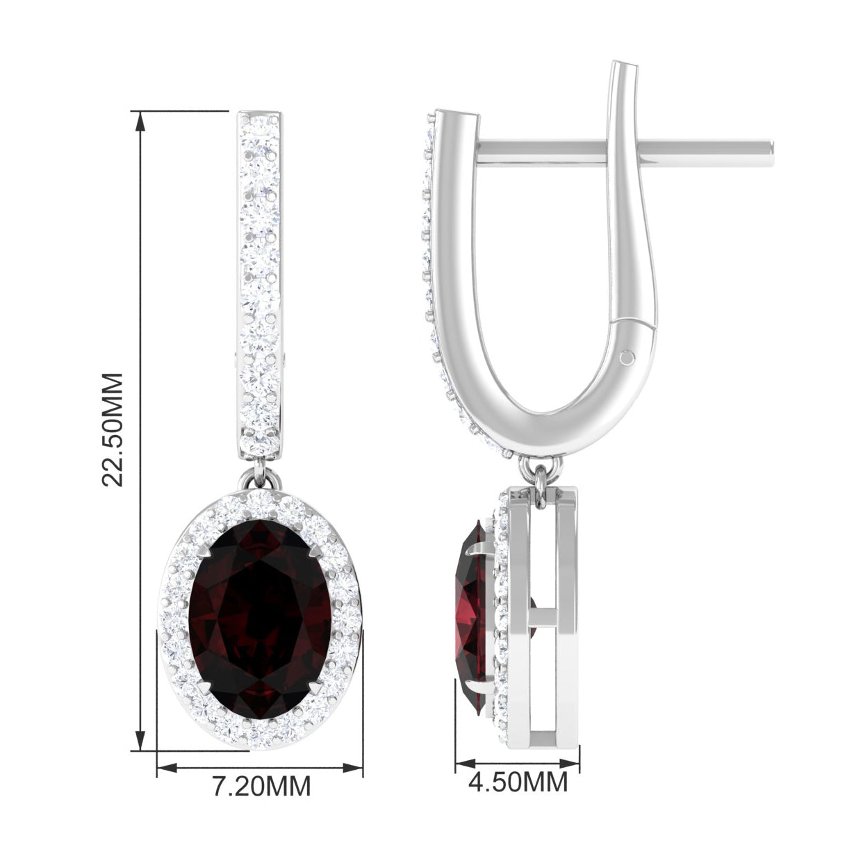 3.5 CT Oval Garnet and Diamond J Hoop Drop Earrings Garnet - ( AAA ) - Quality - Rosec Jewels