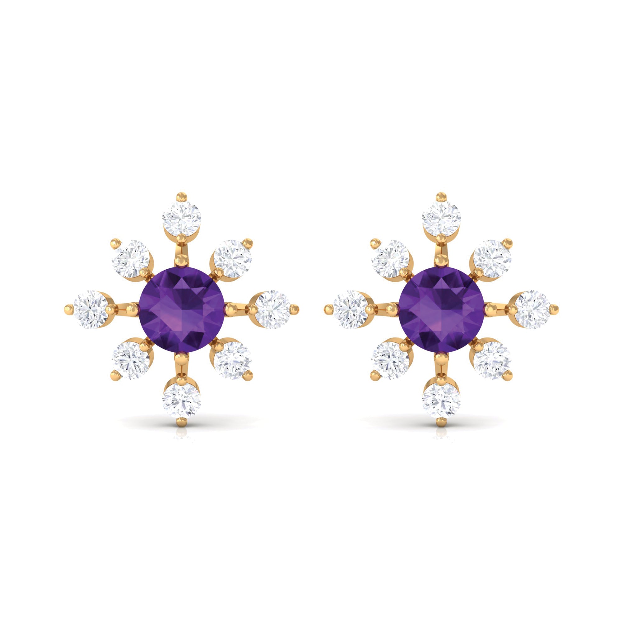 Minimal Amethyst Snowflake Stud Earrings with Diamond Amethyst - ( AAA ) - Quality - Rosec Jewels