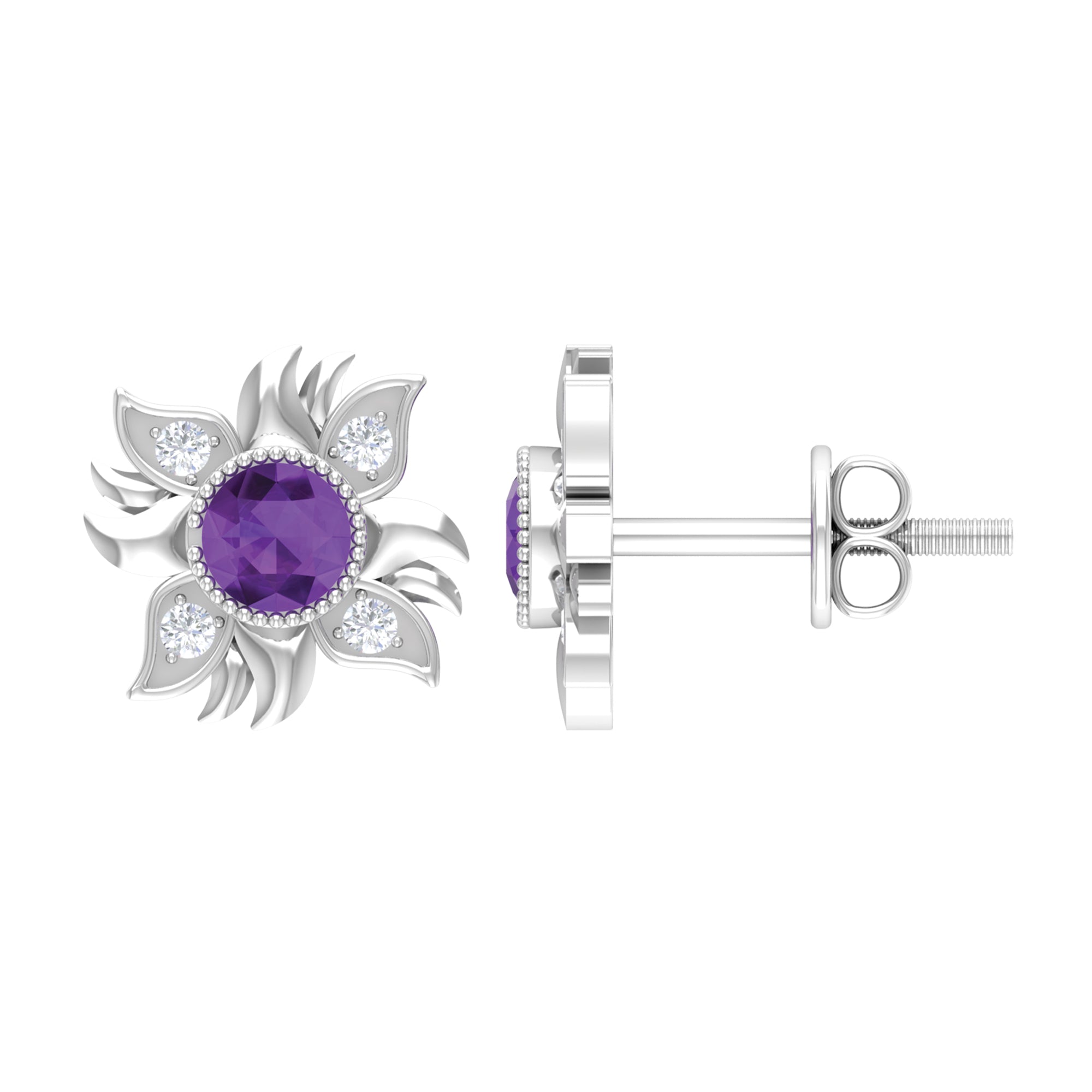 1/2 CT Round Shape Amethyst and Diamond Sunburst Stud Earrings Amethyst - ( AAA ) - Quality - Rosec Jewels