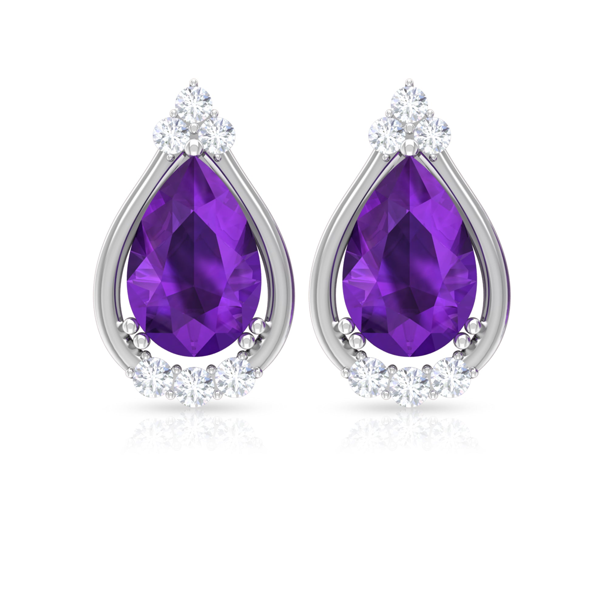 Amethyst Teardrop Stud Earrings with Diamond Amethyst - ( AAA ) - Quality - Rosec Jewels