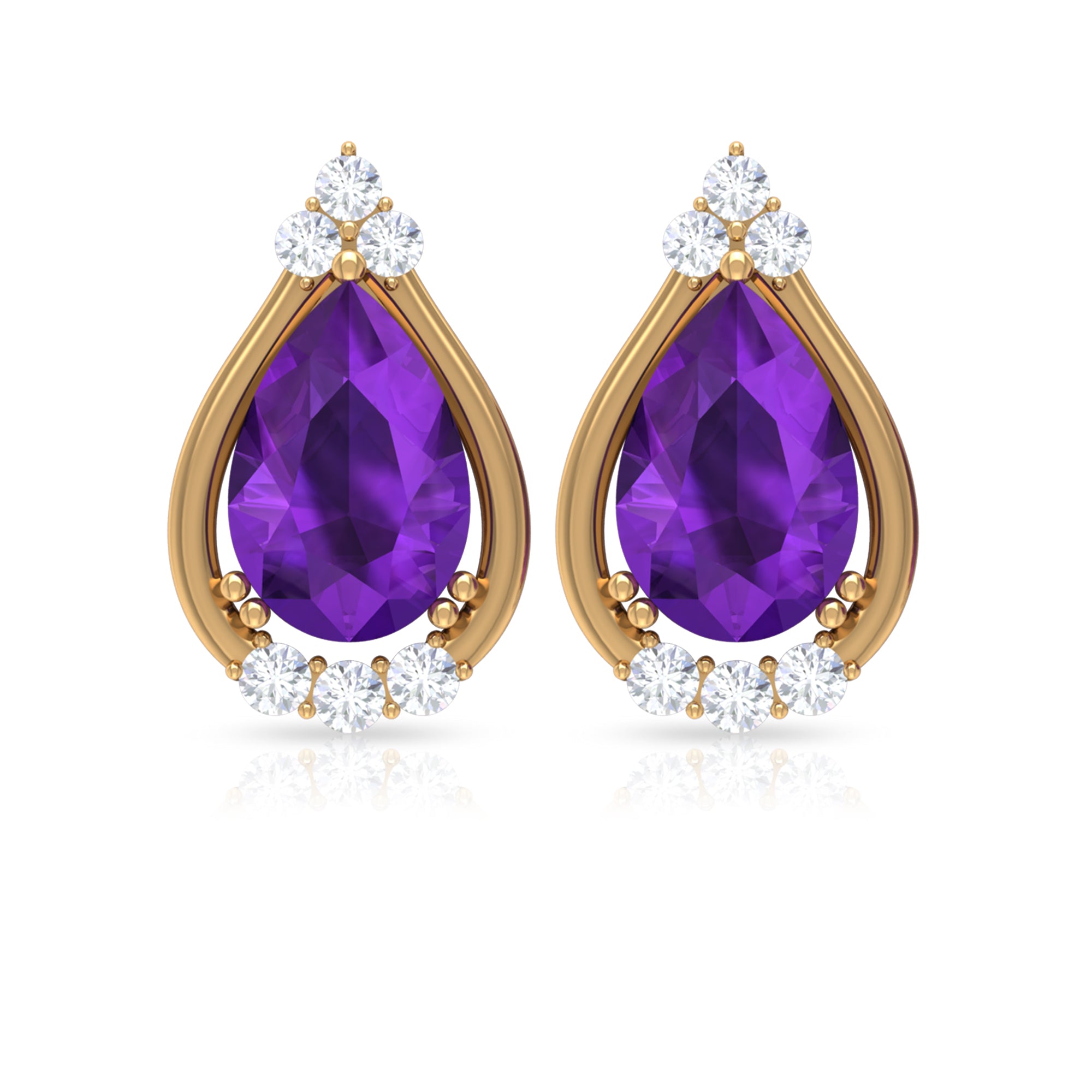 Amethyst Teardrop Stud Earrings with Diamond Amethyst - ( AAA ) - Quality - Rosec Jewels