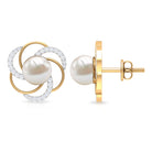 6 MM Round Freshwater Pearl Solitaire Floral Stud Earrings with Diamond Accent Freshwater Pearl - ( AAA ) - Quality - Rosec Jewels