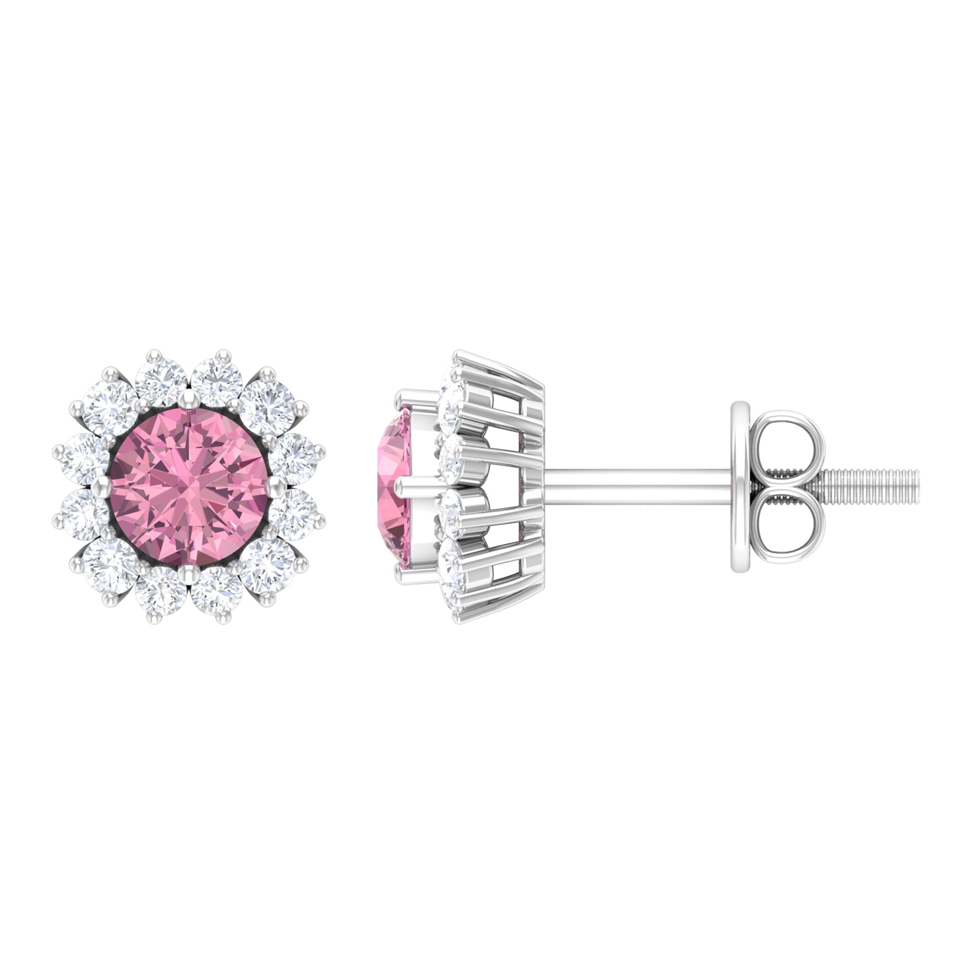 Classic Pink Tourmaline Stud Earrings with Diamond Halo Pink Tourmaline - ( AAA ) - Quality - Rosec Jewels