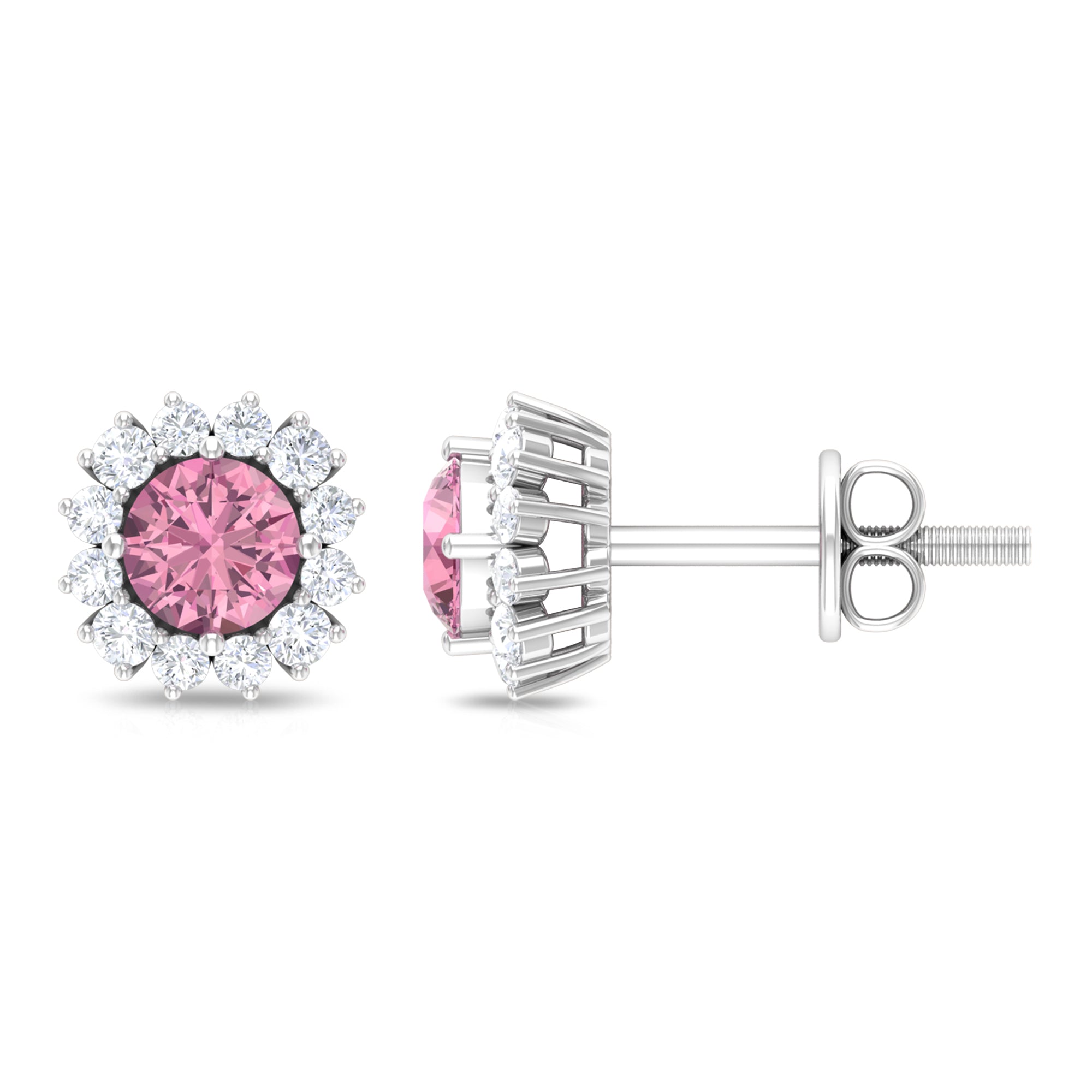 Classic Pink Tourmaline Stud Earrings with Diamond Halo Pink Tourmaline - ( AAA ) - Quality - Rosec Jewels