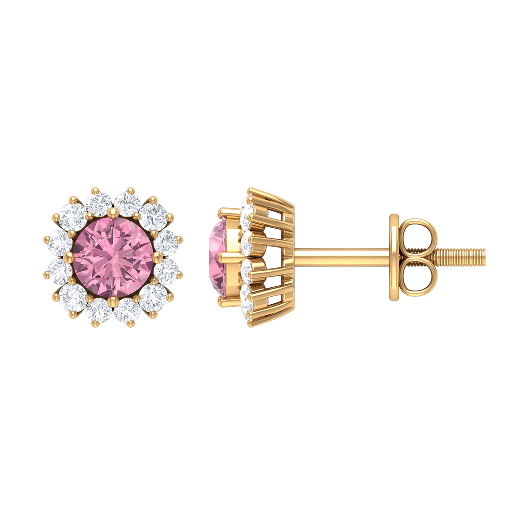 Classic Pink Tourmaline Stud Earrings with Diamond Halo Pink Tourmaline - ( AAA ) - Quality - Rosec Jewels