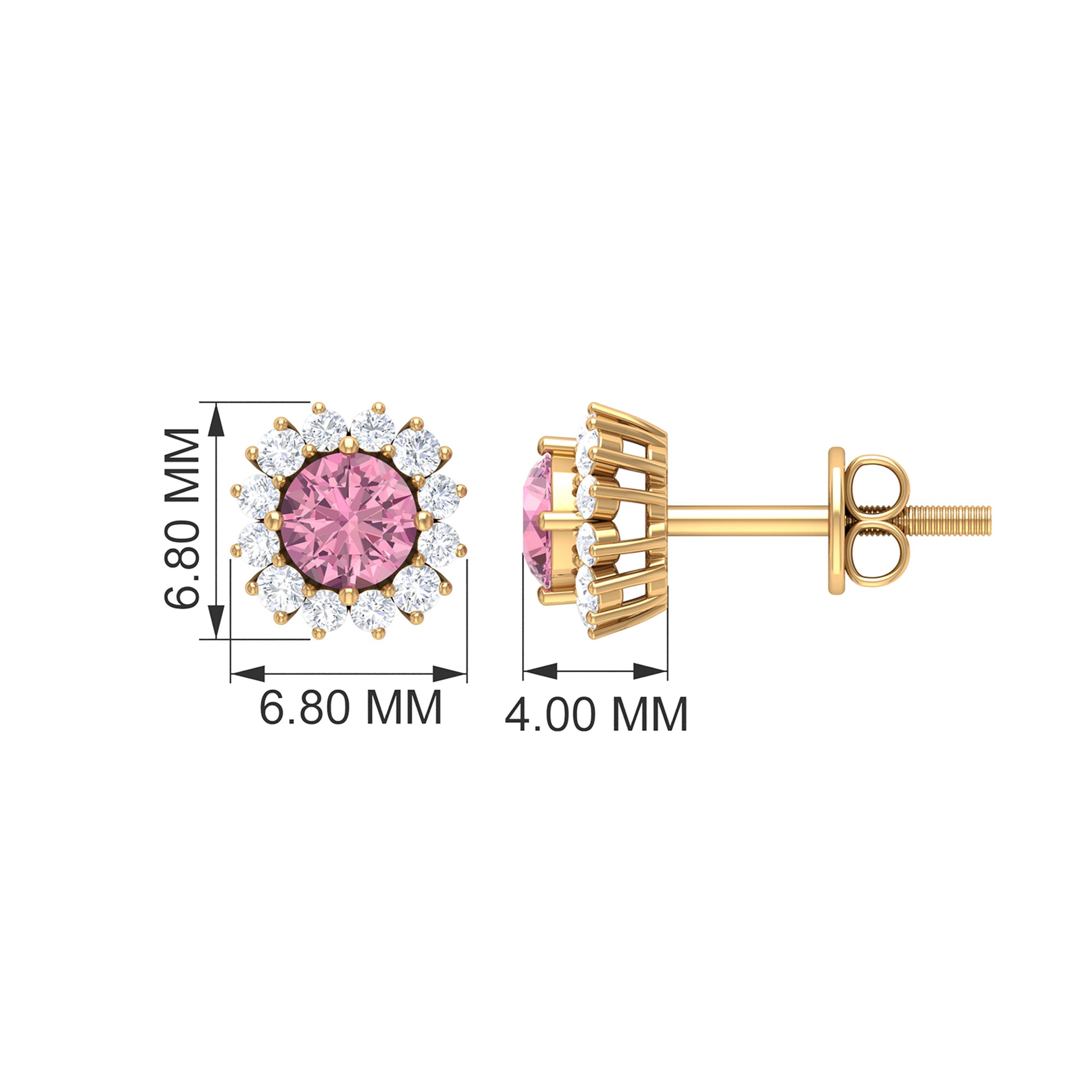 Classic Pink Tourmaline Stud Earrings with Diamond Halo Pink Tourmaline - ( AAA ) - Quality - Rosec Jewels