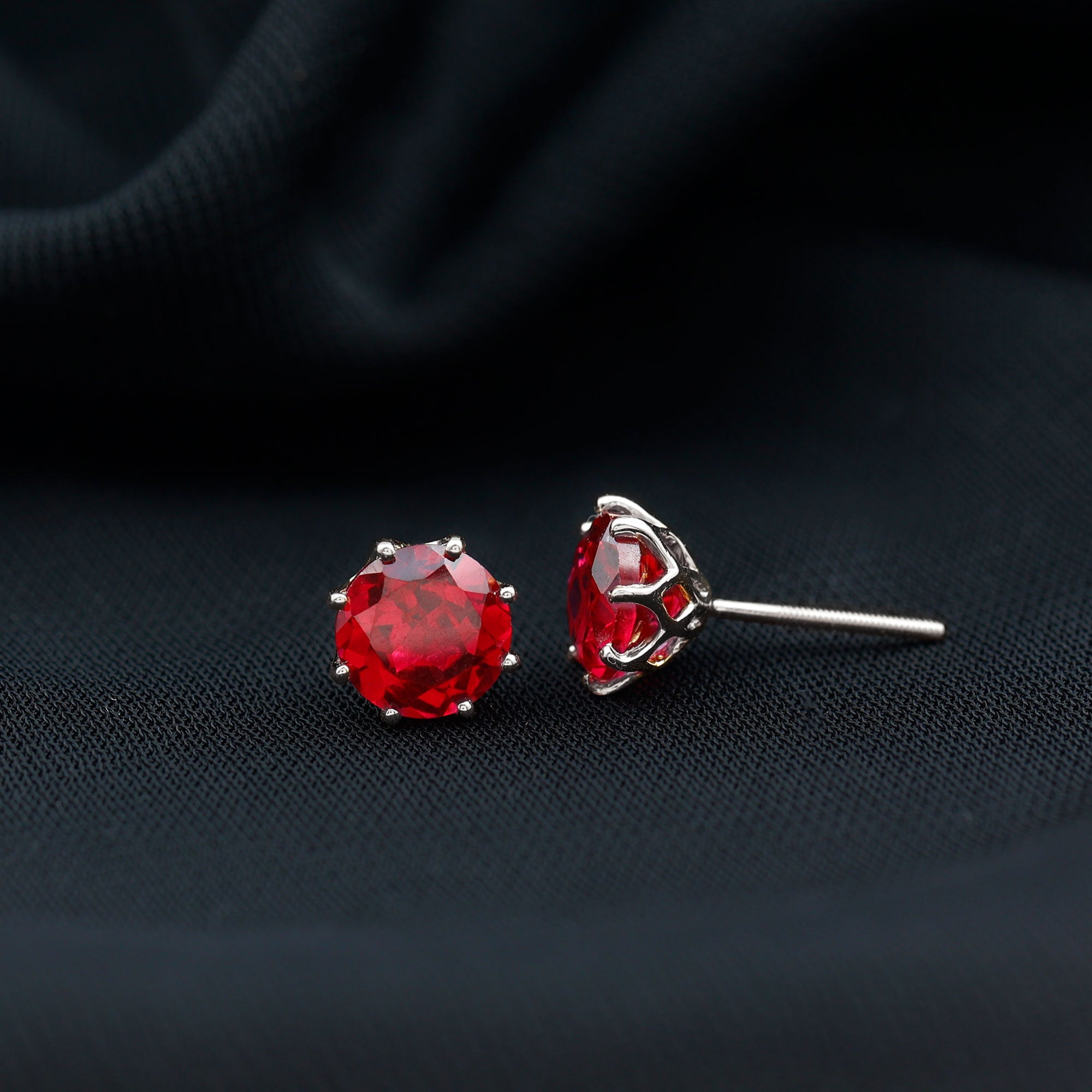 6 MM Decorative Created Ruby Solitaire Stud Earrings Lab Created Ruby - ( AAAA ) - Quality - Rosec Jewels