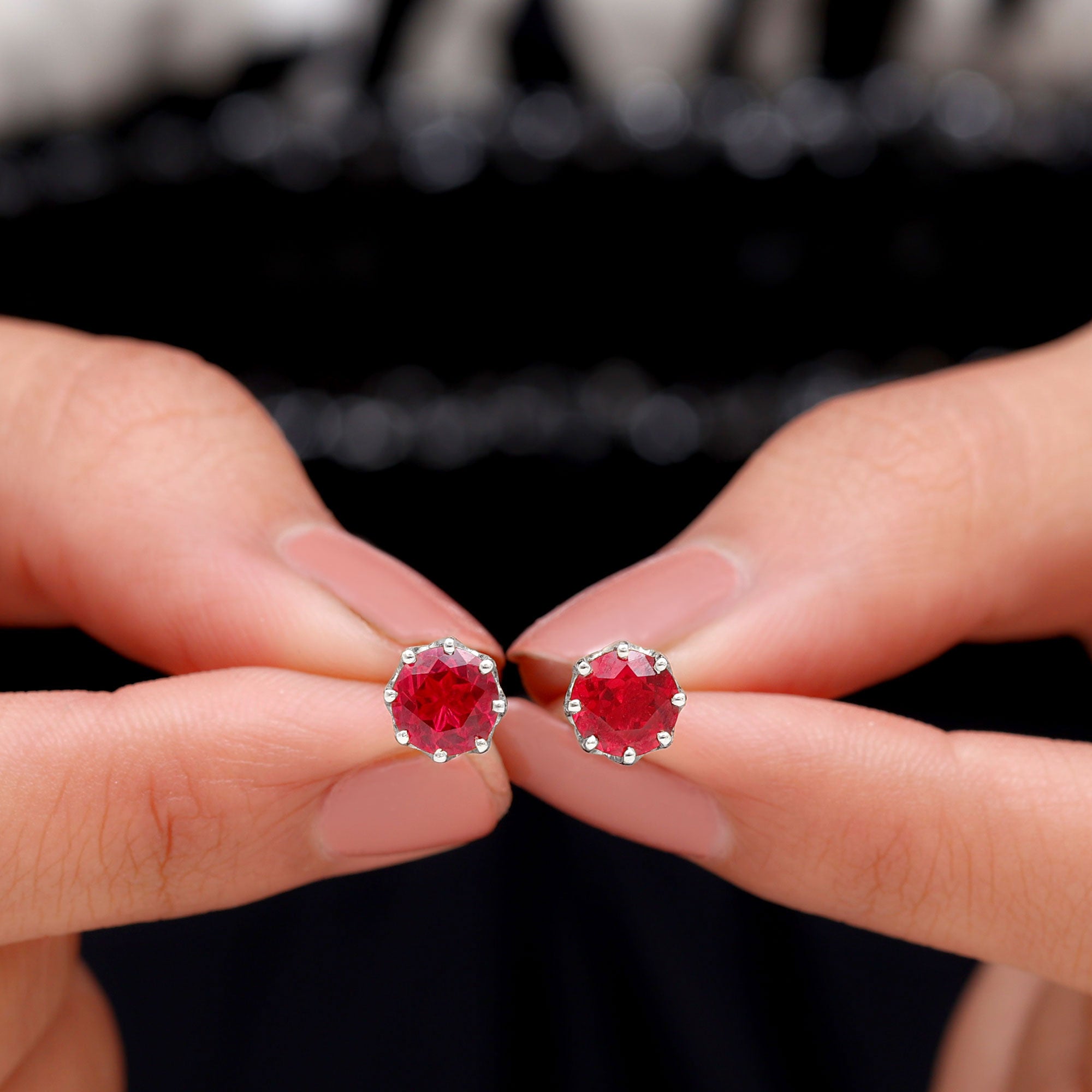 6 MM Decorative Created Ruby Solitaire Stud Earrings Lab Created Ruby - ( AAAA ) - Quality - Rosec Jewels