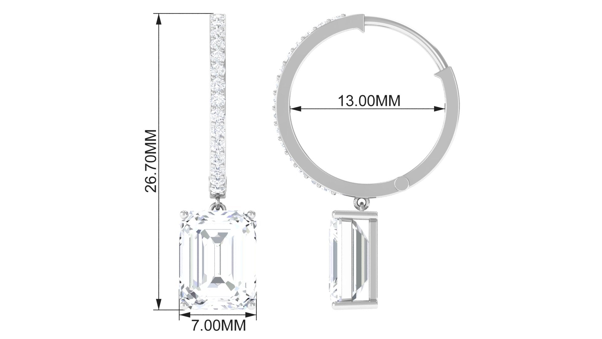 Emerald Cut Moissanite Drop Hoop Earrings Moissanite - ( D-VS1 ) - Color and Clarity - Rosec Jewels