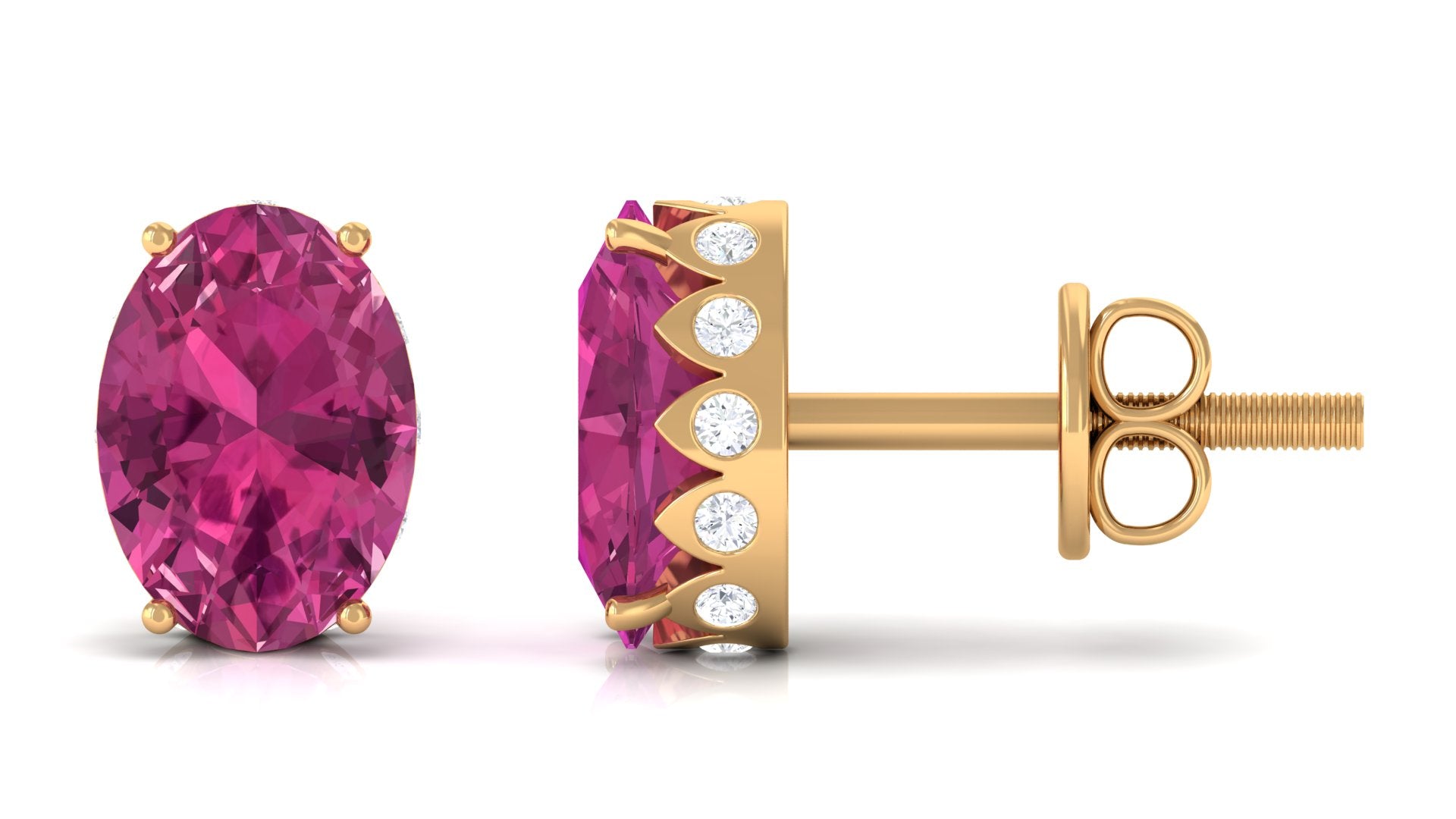 Pink Tourmaline Oval Stud Earrings with Diamond Pink Tourmaline - ( AAA ) - Quality - Rosec Jewels