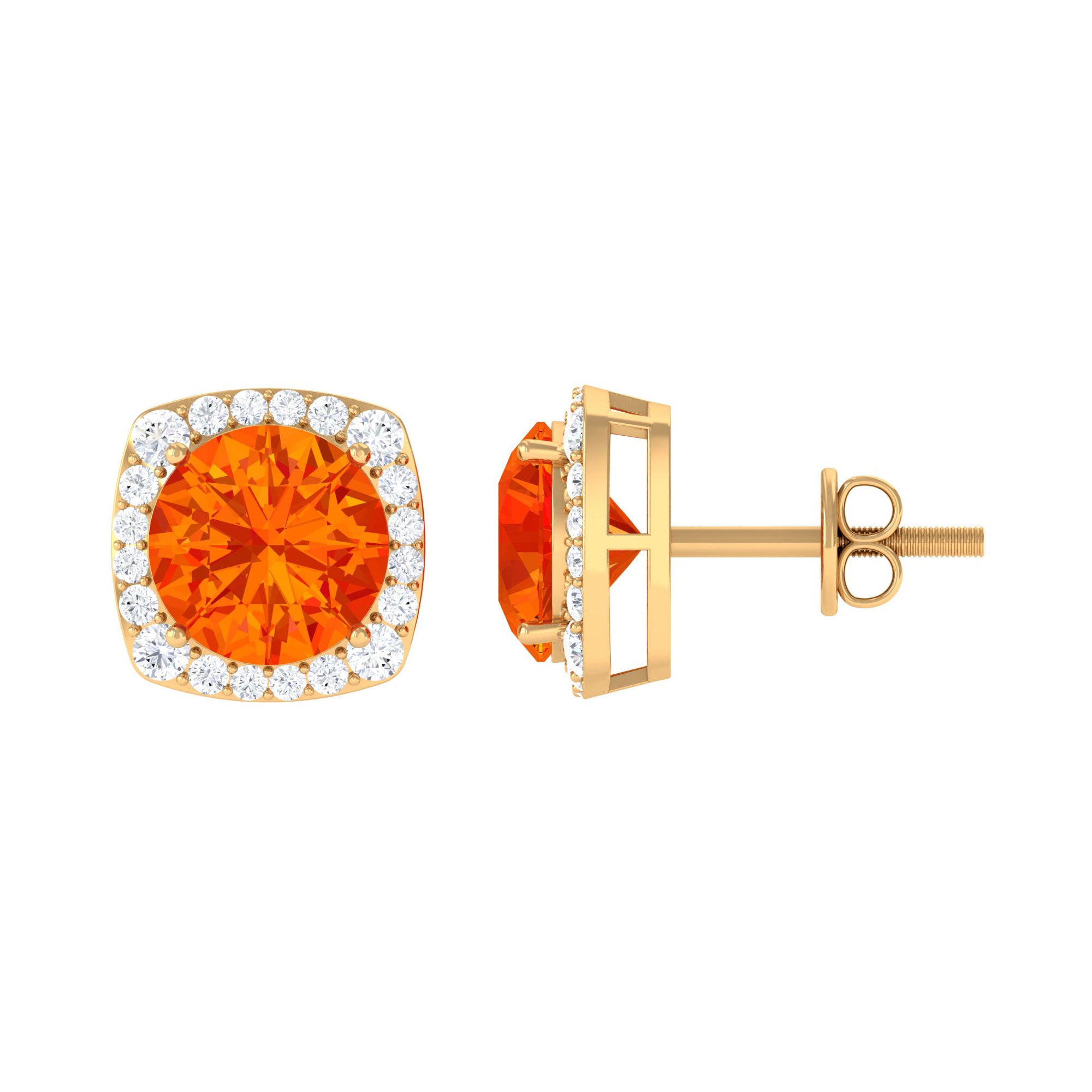 Lab Grown Orange Sapphire and Diamond Halo Stud Earrings Lab Created Orange Sapphire - ( AAAA ) - Quality - Rosec Jewels