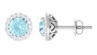 Real Swiss Blue Topaz and Diamond Halo Stud Earrings Sky Blue Topaz - ( AAA ) - Quality - Rosec Jewels