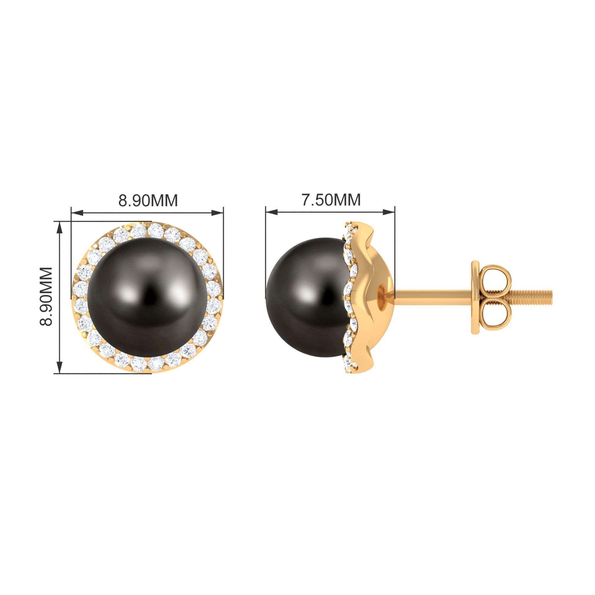 Classic Tahitian Pearl Stud Earrings with Diamond Halo Tahitian pearl - ( AAA ) - Quality - Rosec Jewels