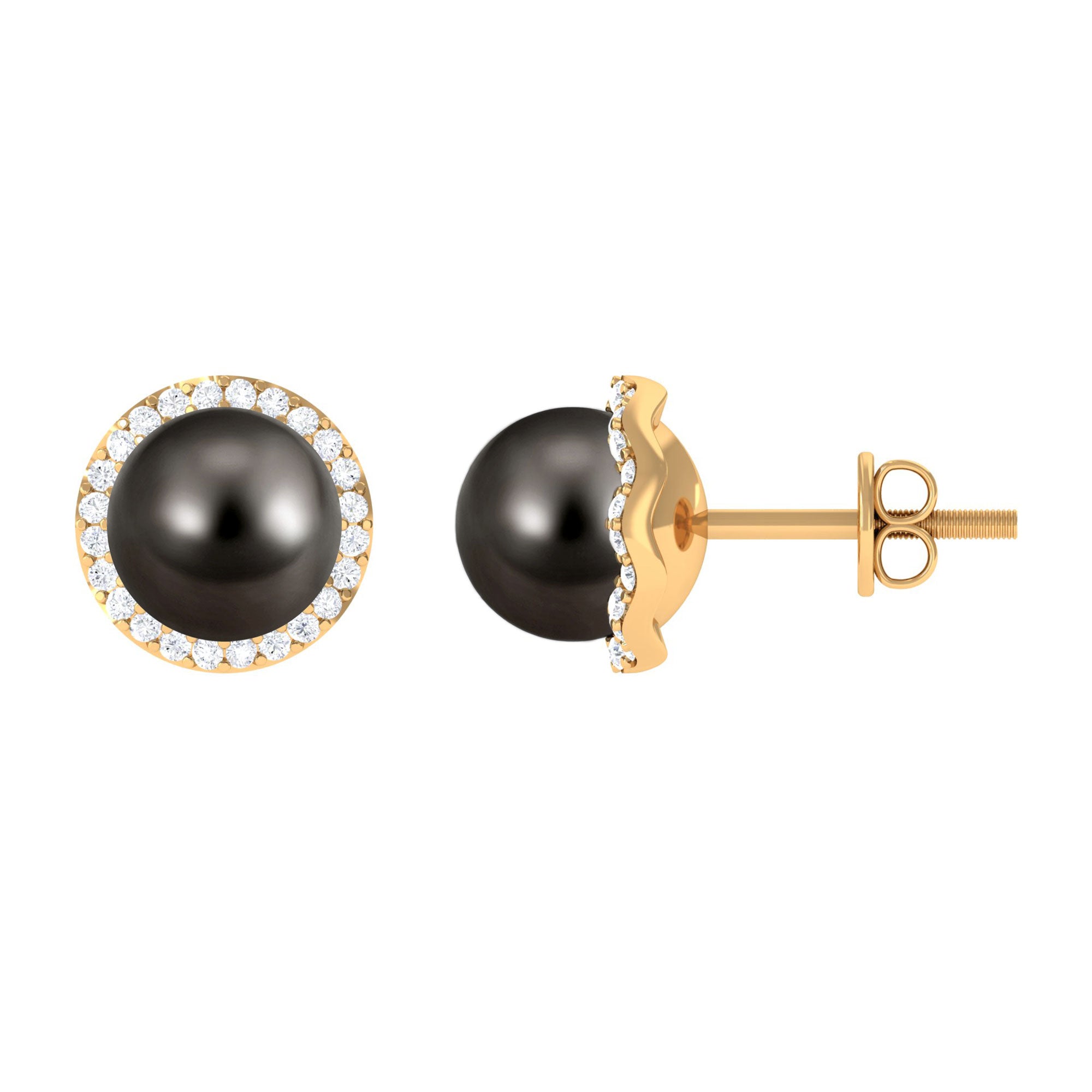 Classic Tahitian Pearl Stud Earrings with Diamond Halo Tahitian pearl - ( AAA ) - Quality - Rosec Jewels