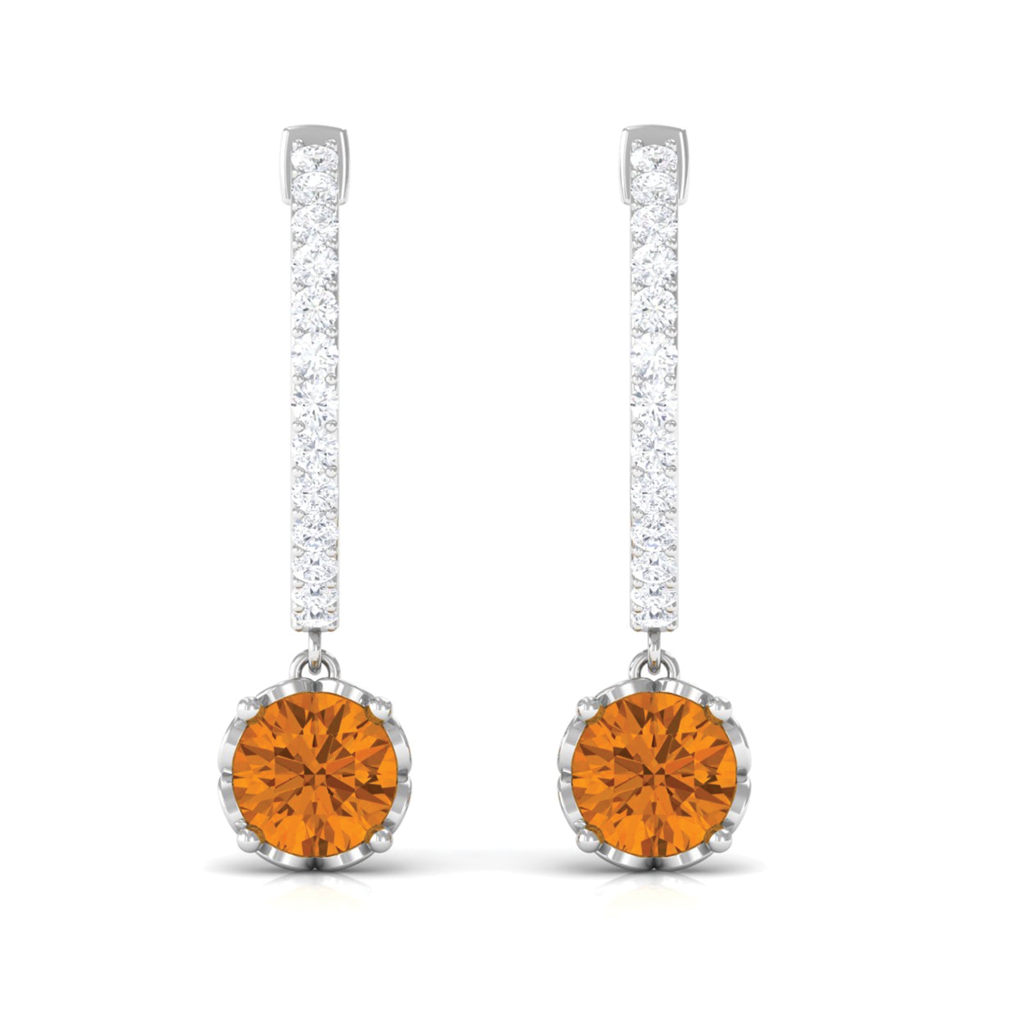 Minimal Round Citrine Hoop Drop Earrings with Diamond Citrine - ( AAA ) - Quality - Rosec Jewels