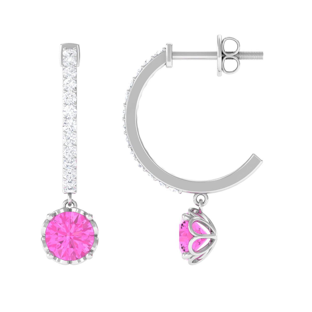 Round Pink Sapphire Hoop Drop Earrings with Diamond Pink Sapphire - ( AAA ) - Quality - Rosec Jewels