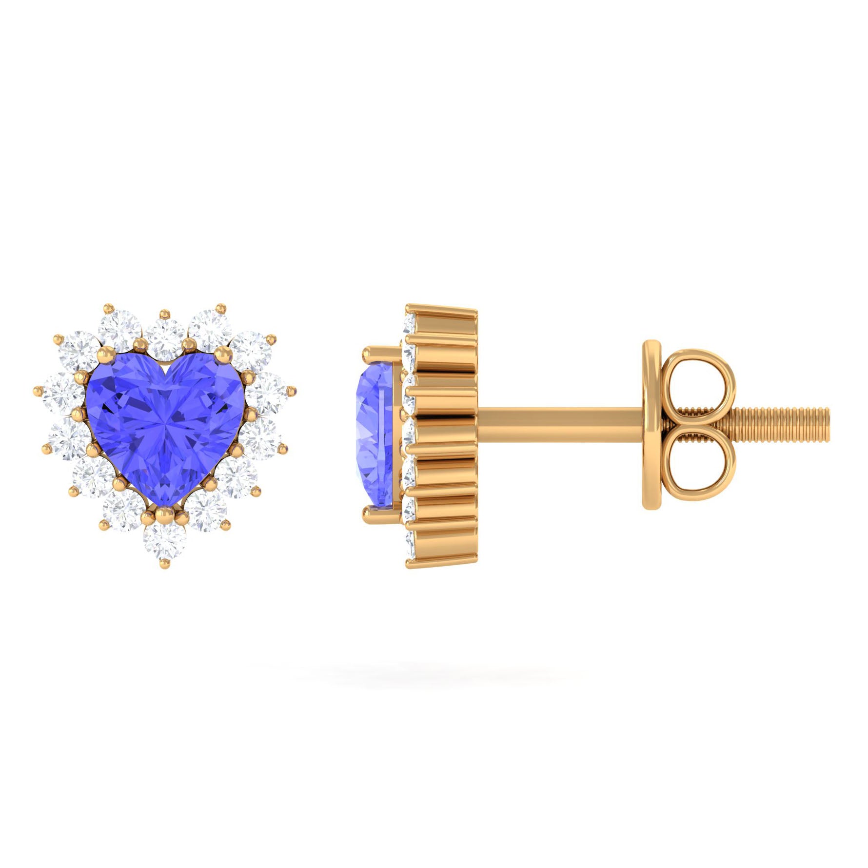 Minimal Heart Shape Tanzanite Halo Stud Earrings with Diamond Tanzanite - ( AAA ) - Quality - Rosec Jewels