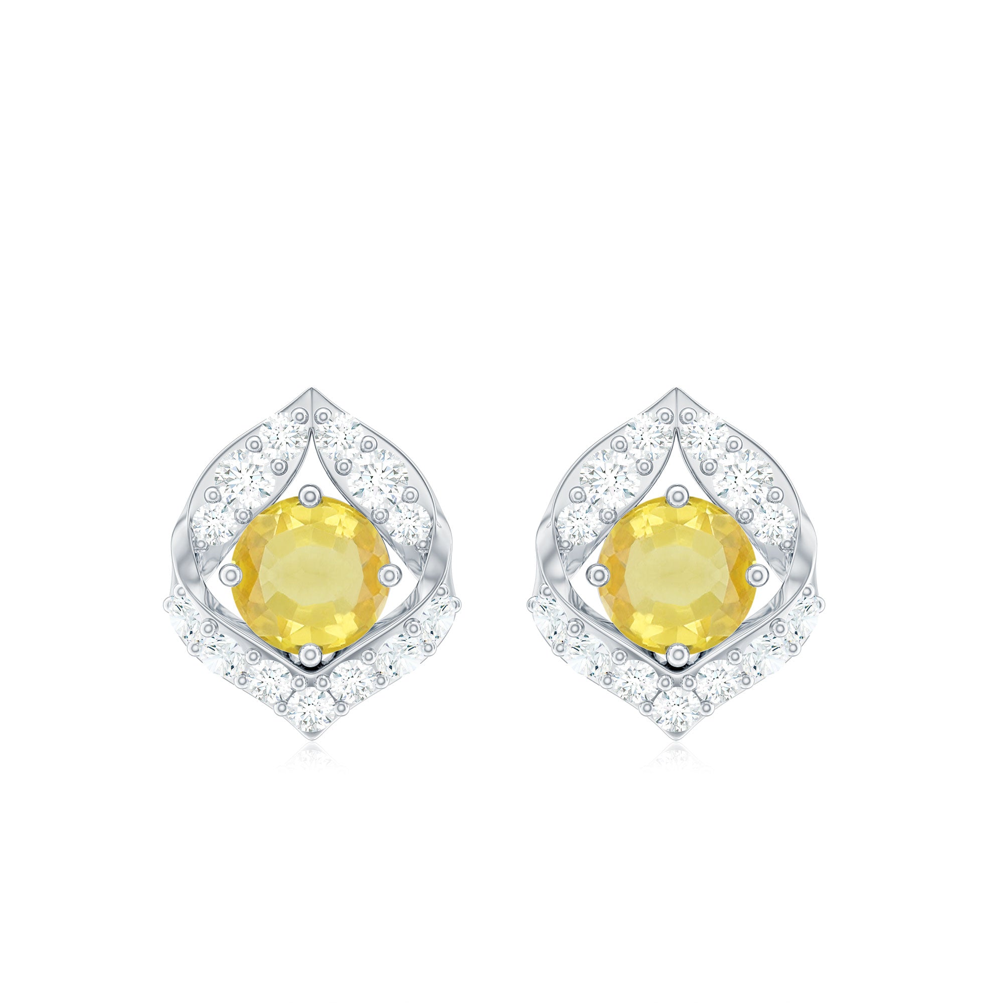 Lab Grown Yellow Sapphire Stud Earrings with Diamond Lab Created Yellow Sapphire - ( AAAA ) - Quality - Rosec Jewels