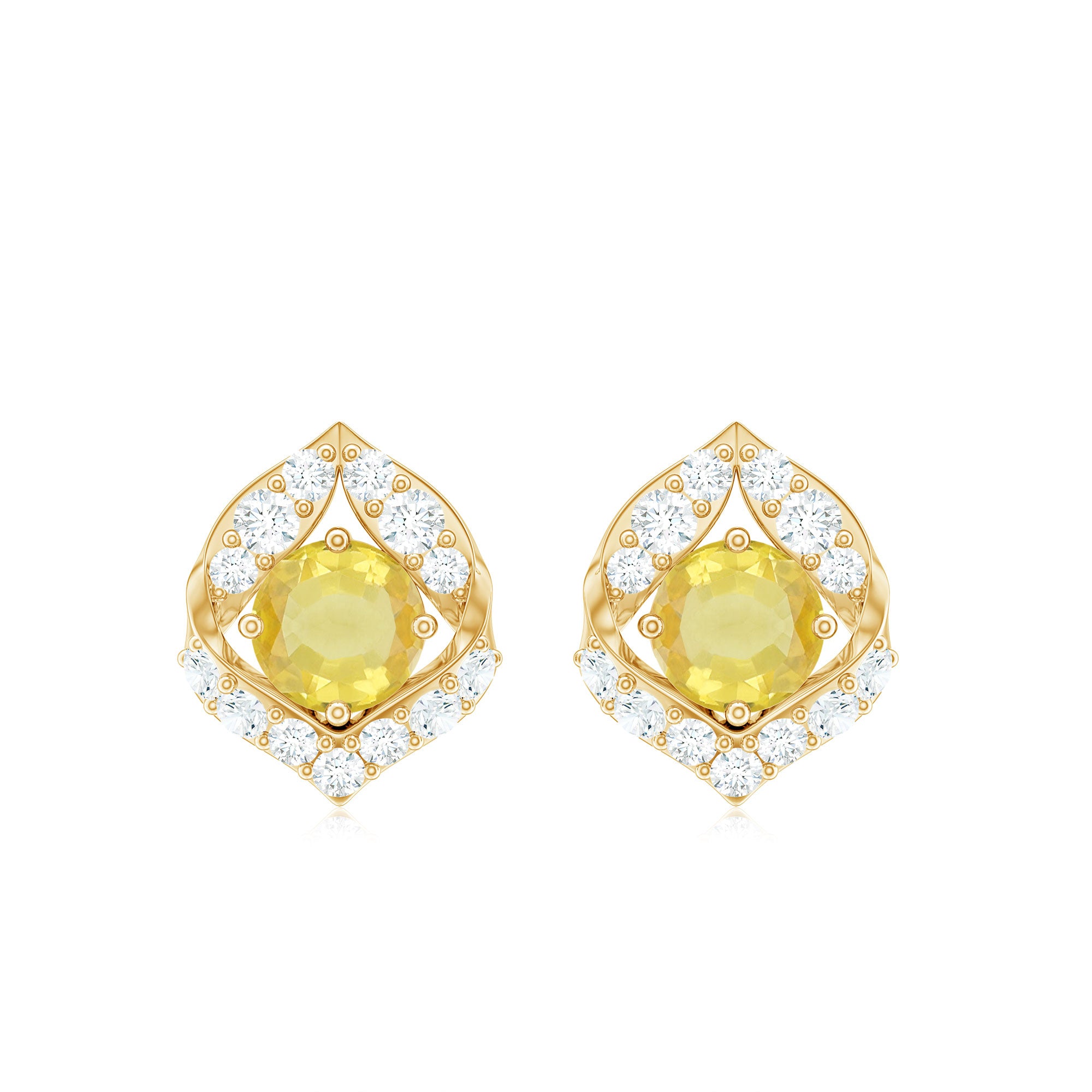 Lab Grown Yellow Sapphire Stud Earrings with Diamond Lab Created Yellow Sapphire - ( AAAA ) - Quality - Rosec Jewels