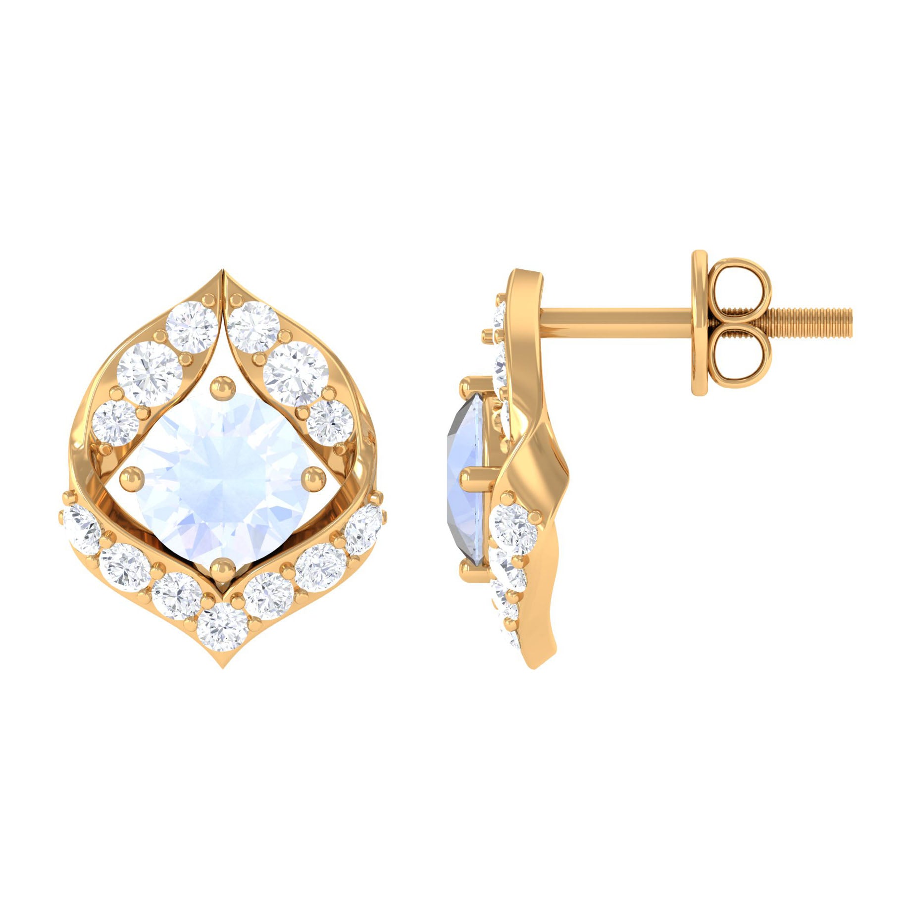 Dainty Moonstone and Diamond Petal Stud Earrings Moonstone - ( AAA ) - Quality - Rosec Jewels