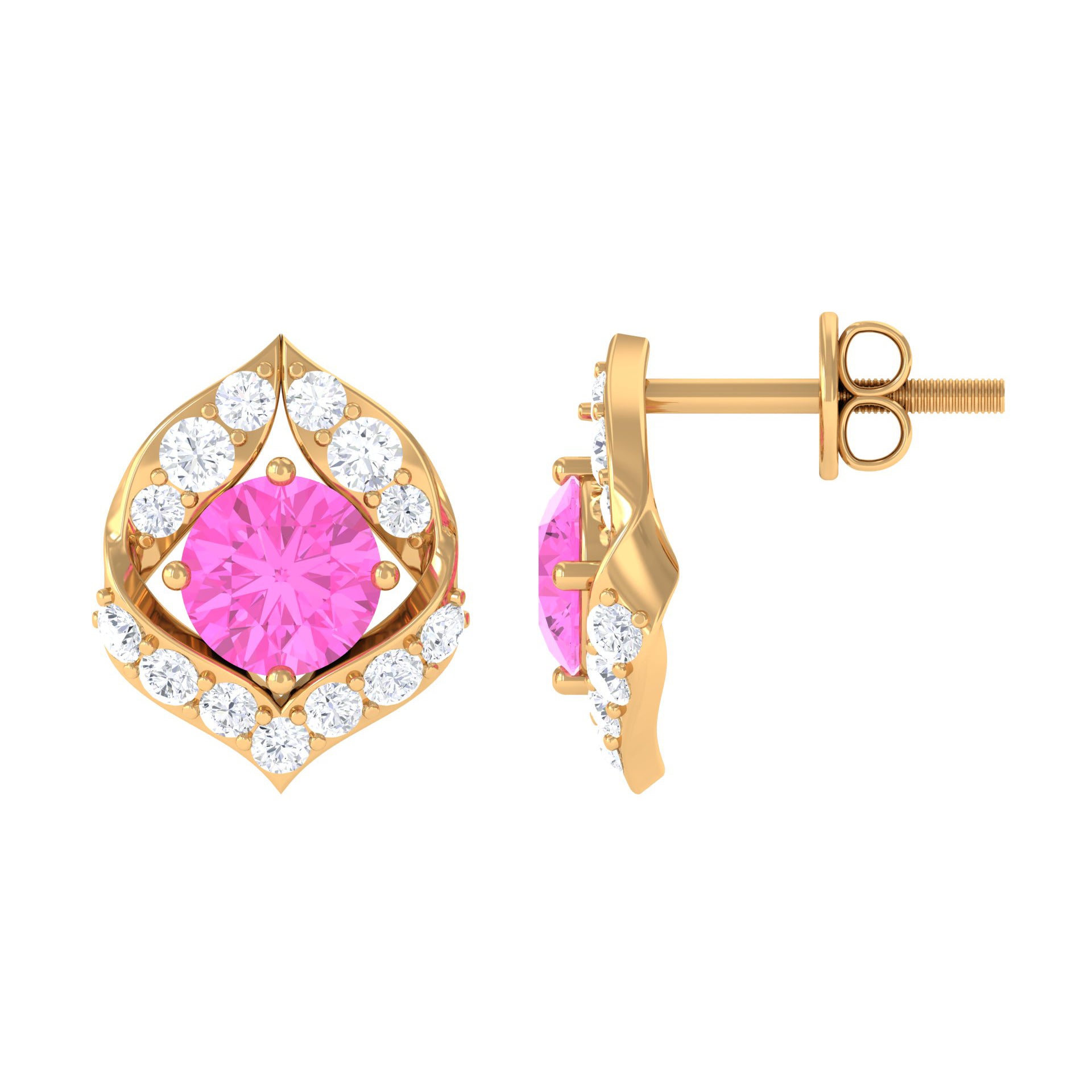 Minimal Pink Sapphire and Diamond Petal Stud Earrings Pink Sapphire - ( AAA ) - Quality - Rosec Jewels