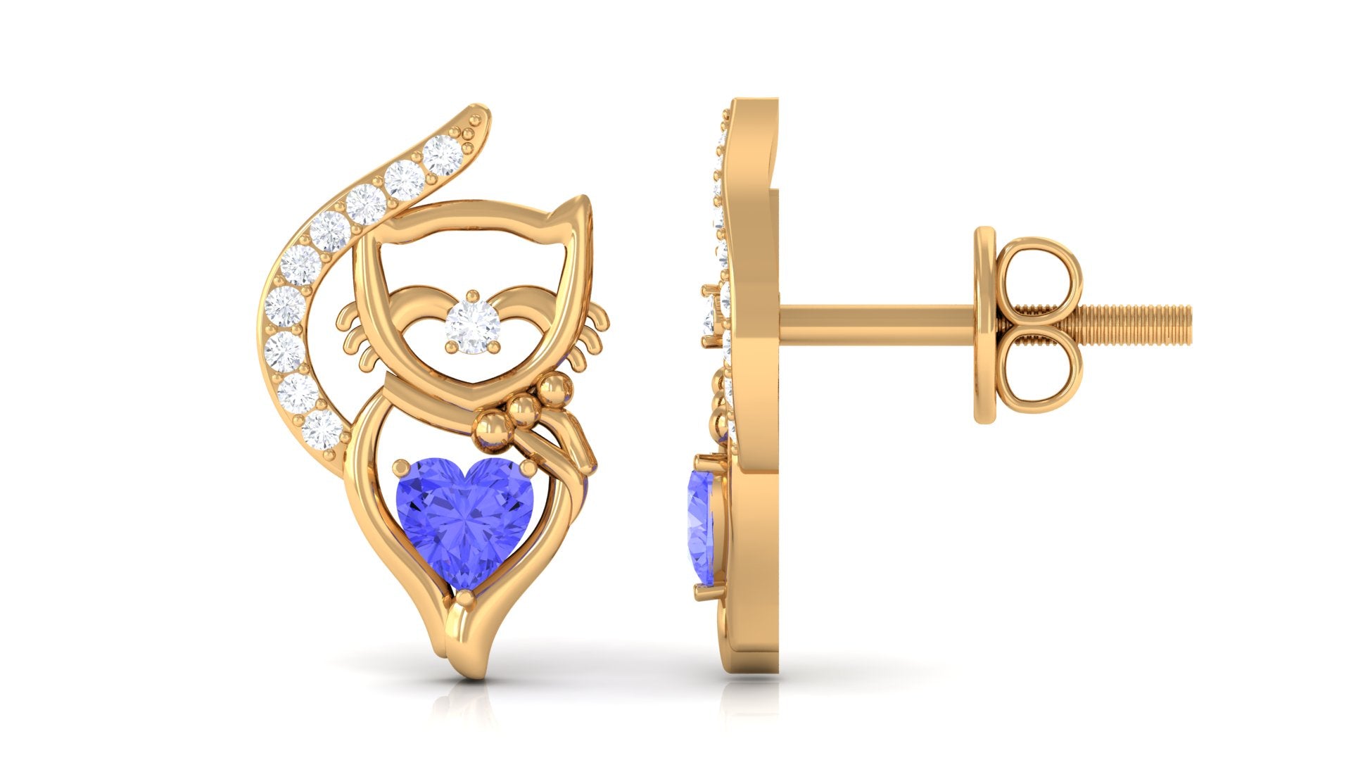 Cat Stud Earrings with Tanzanite and Diamond Tanzanite - ( AAA ) - Quality - Rosec Jewels