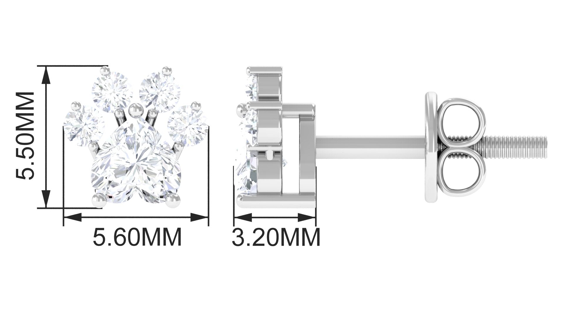 Cute Heart Paw Stud Earrings with Real Diamond Diamond - ( HI-SI ) - Color and Clarity - Rosec Jewels