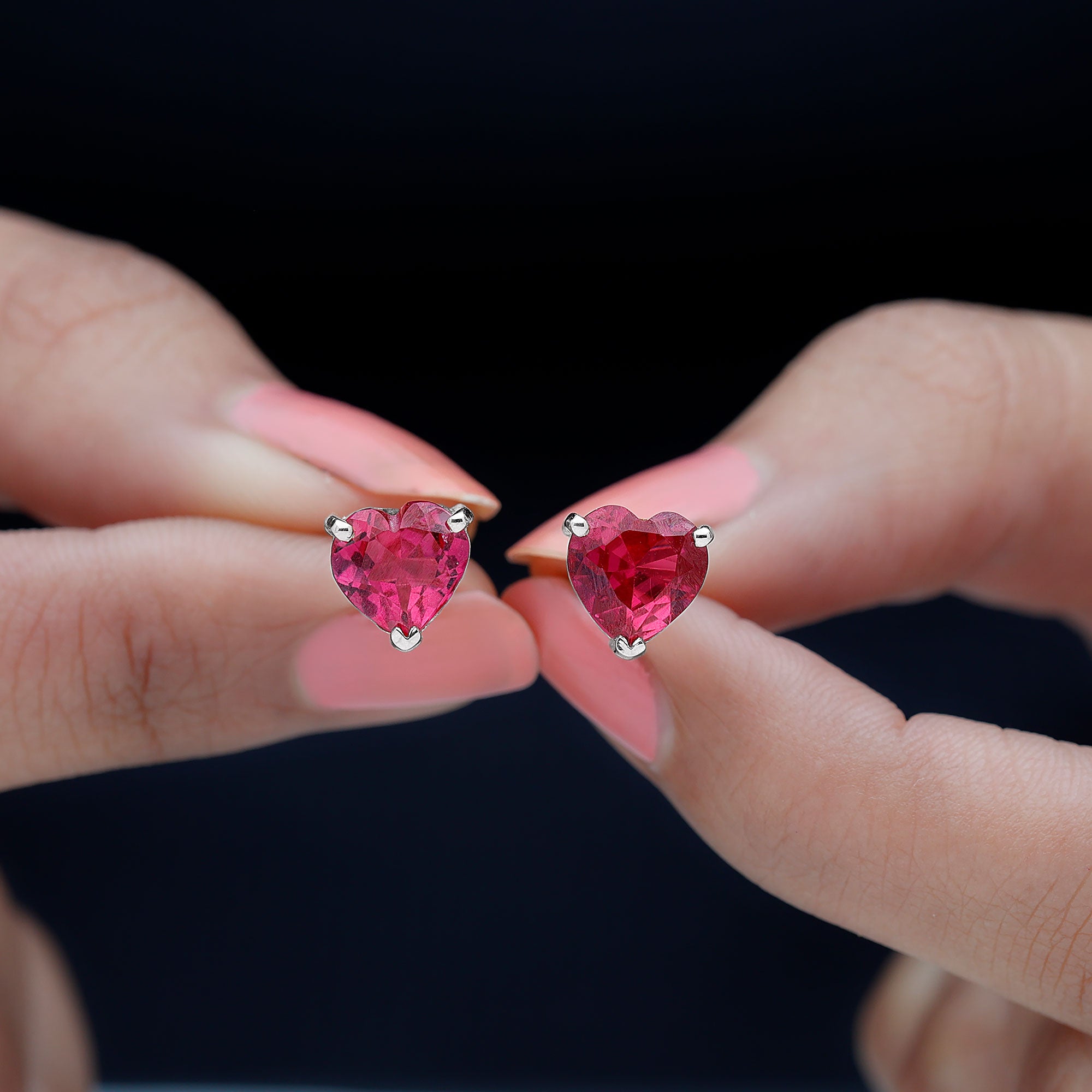 Heart Shape Created Ruby Solitaire Stud Earrings Lab Created Ruby - ( AAAA ) - Quality - Rosec Jewels