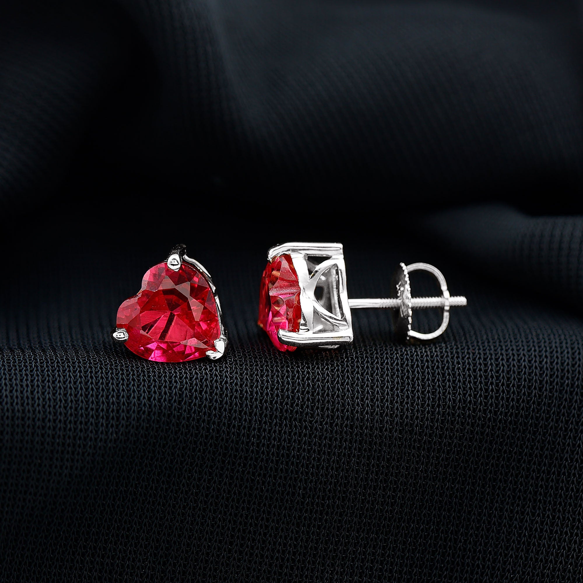 Heart Shape Created Ruby Solitaire Stud Earrings Lab Created Ruby - ( AAAA ) - Quality - Rosec Jewels