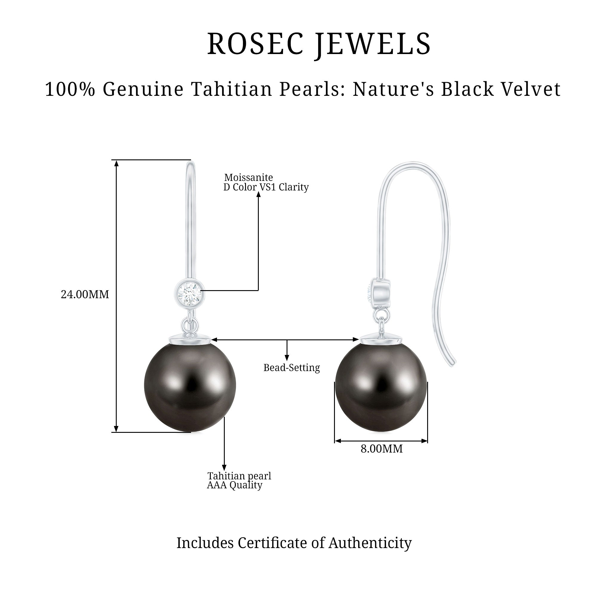 Black Tahitian Pearl Drop Earrings with Moissanite Tahitian pearl - ( AAA ) - Quality - Rosec Jewels