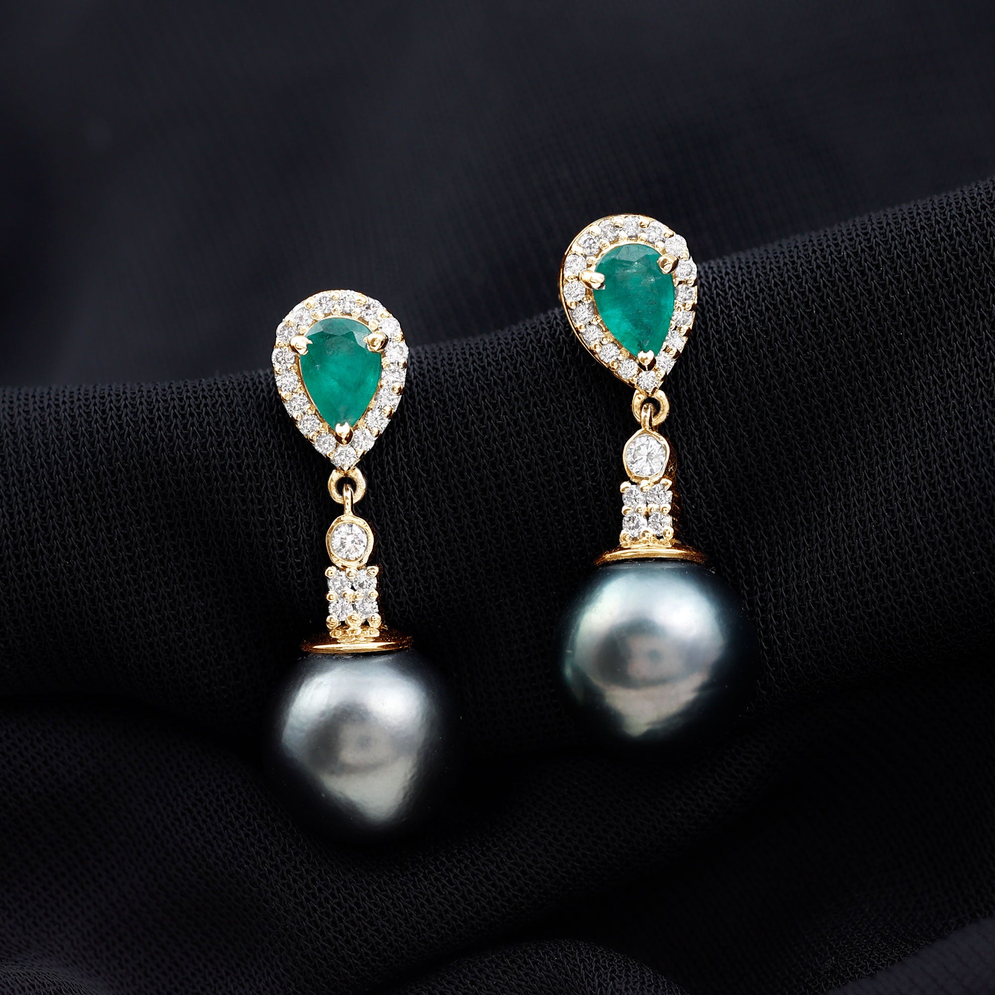 Classic Tahitian Pearl Dangle Earrings with Emerald and Diamond Emerald - ( AAA ) - Quality - Rosec Jewels