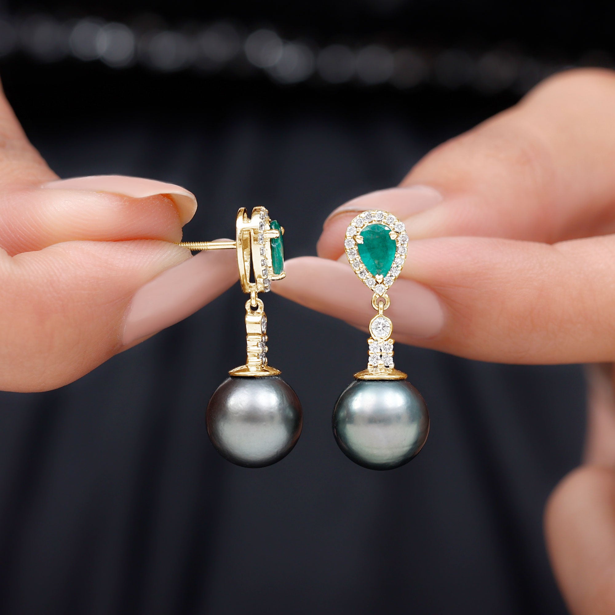 Classic Tahitian Pearl Dangle Earrings with Emerald and Diamond Emerald - ( AAA ) - Quality - Rosec Jewels