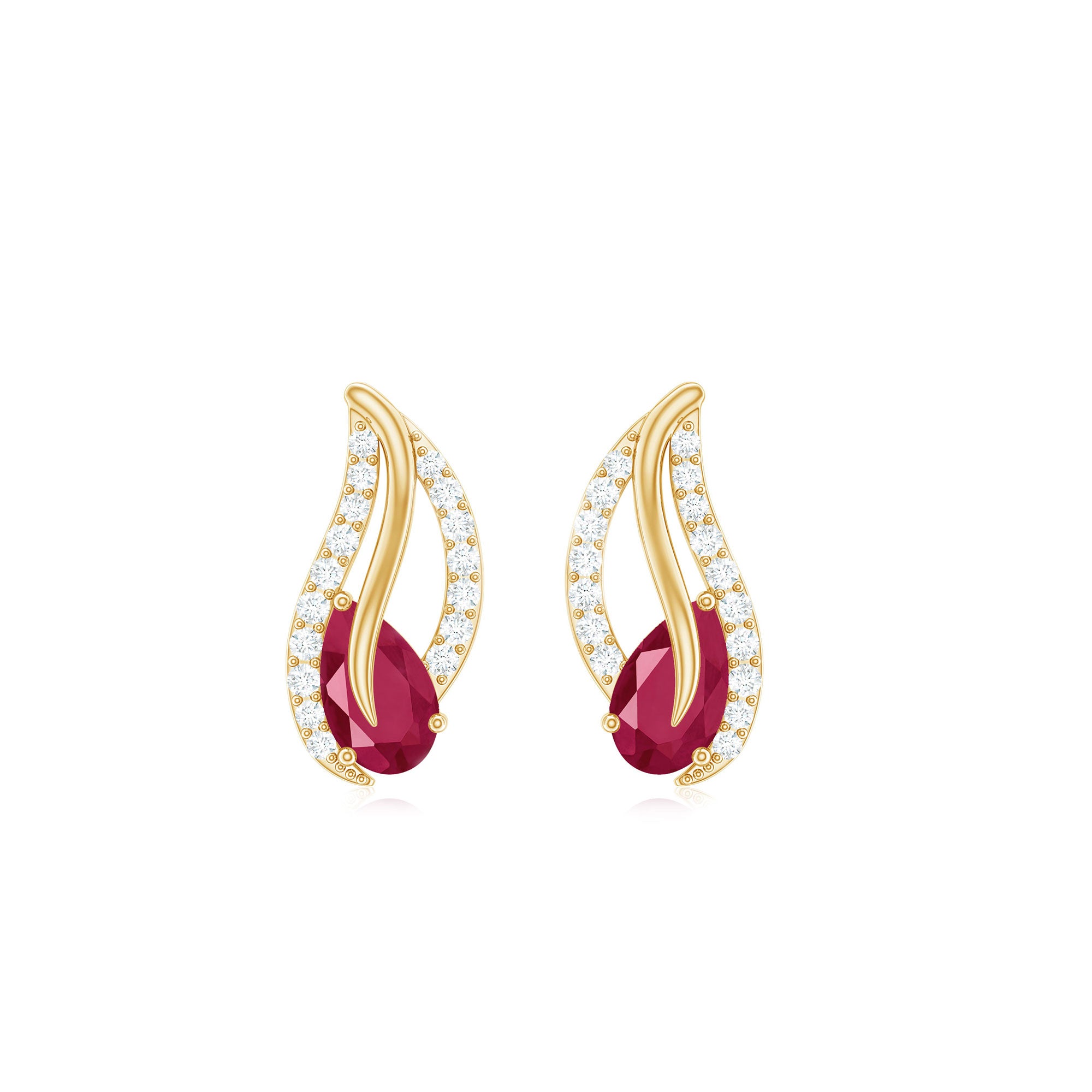 Ruby and Diamond Leaf Stud Earrings Ruby - ( AAA ) - Quality - Rosec Jewels