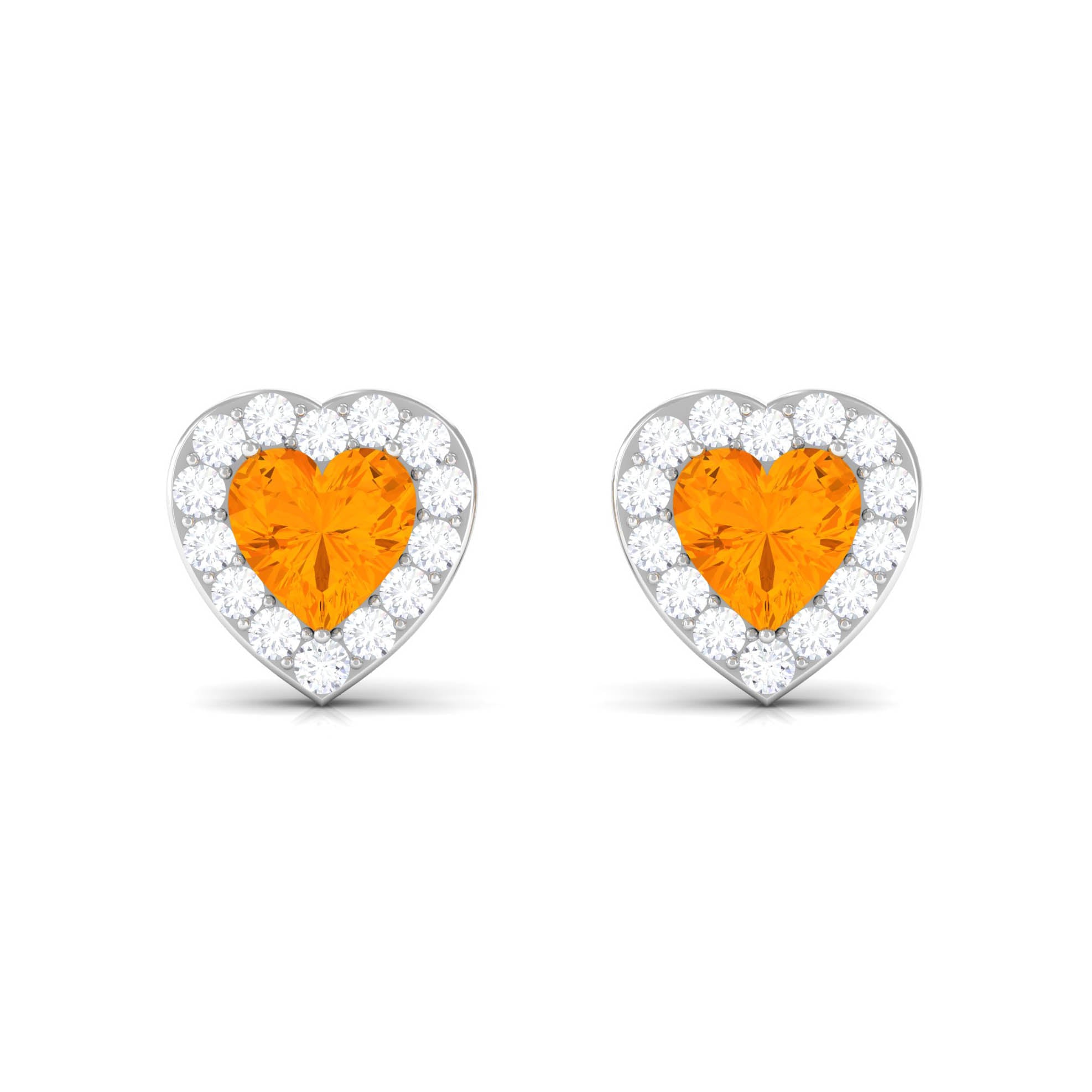 Heart Shape Fire Opal Halo Stud Earrings with Diamond Fire Opal - ( AAA ) - Quality - Rosec Jewels