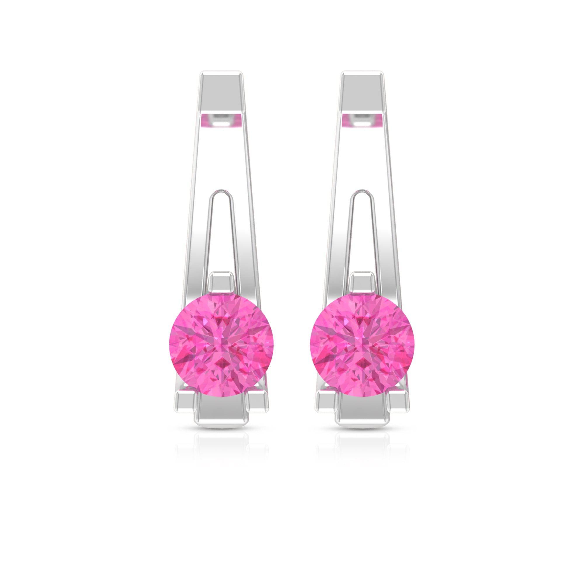 Round Cut Pink Sapphire Solitaire J Hoop Earrings in Gold Pink Sapphire - ( AAA ) - Quality - Rosec Jewels