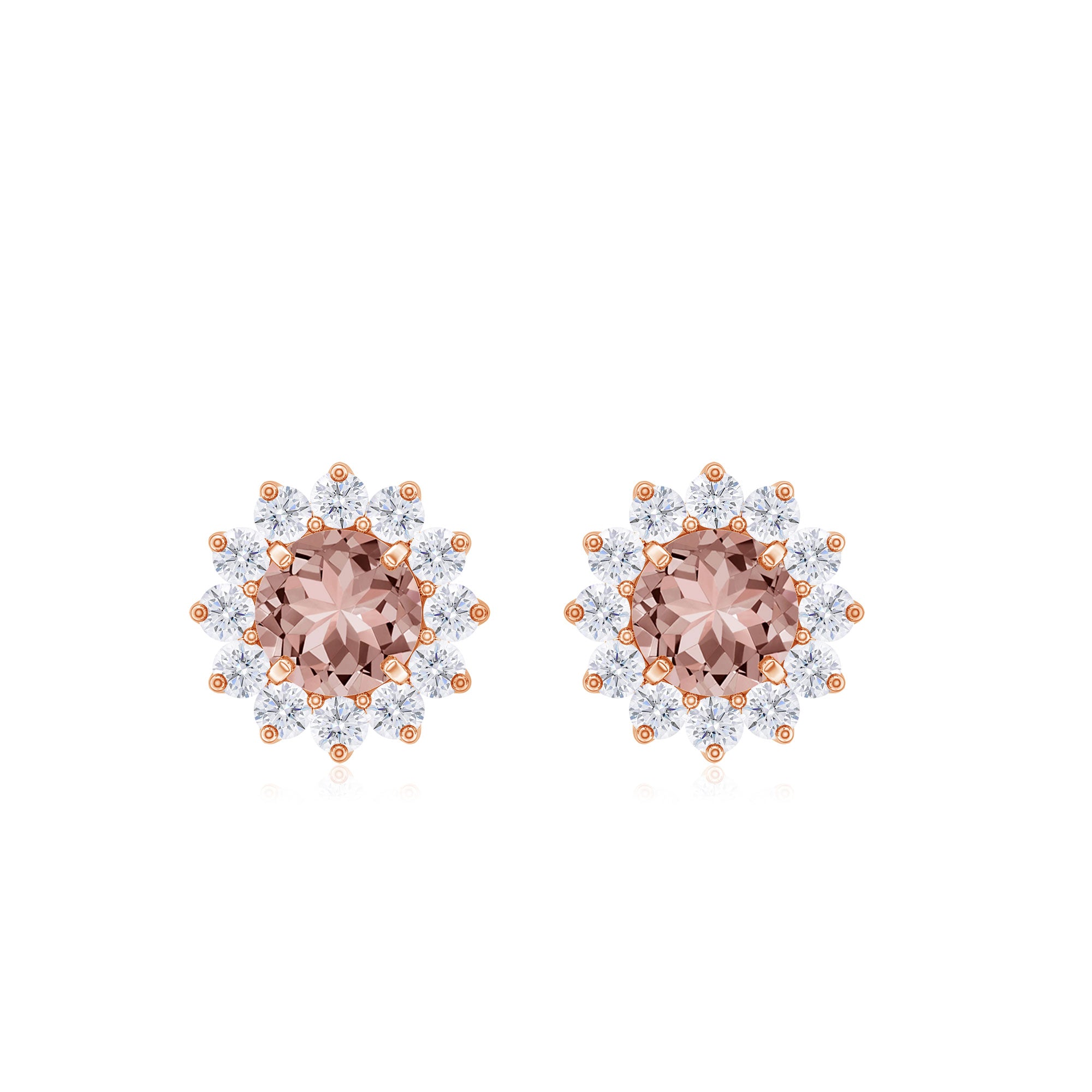 Natural Morganite and Diamond Flower Halo Stud Earrings Morganite - ( AAA ) - Quality - Rosec Jewels