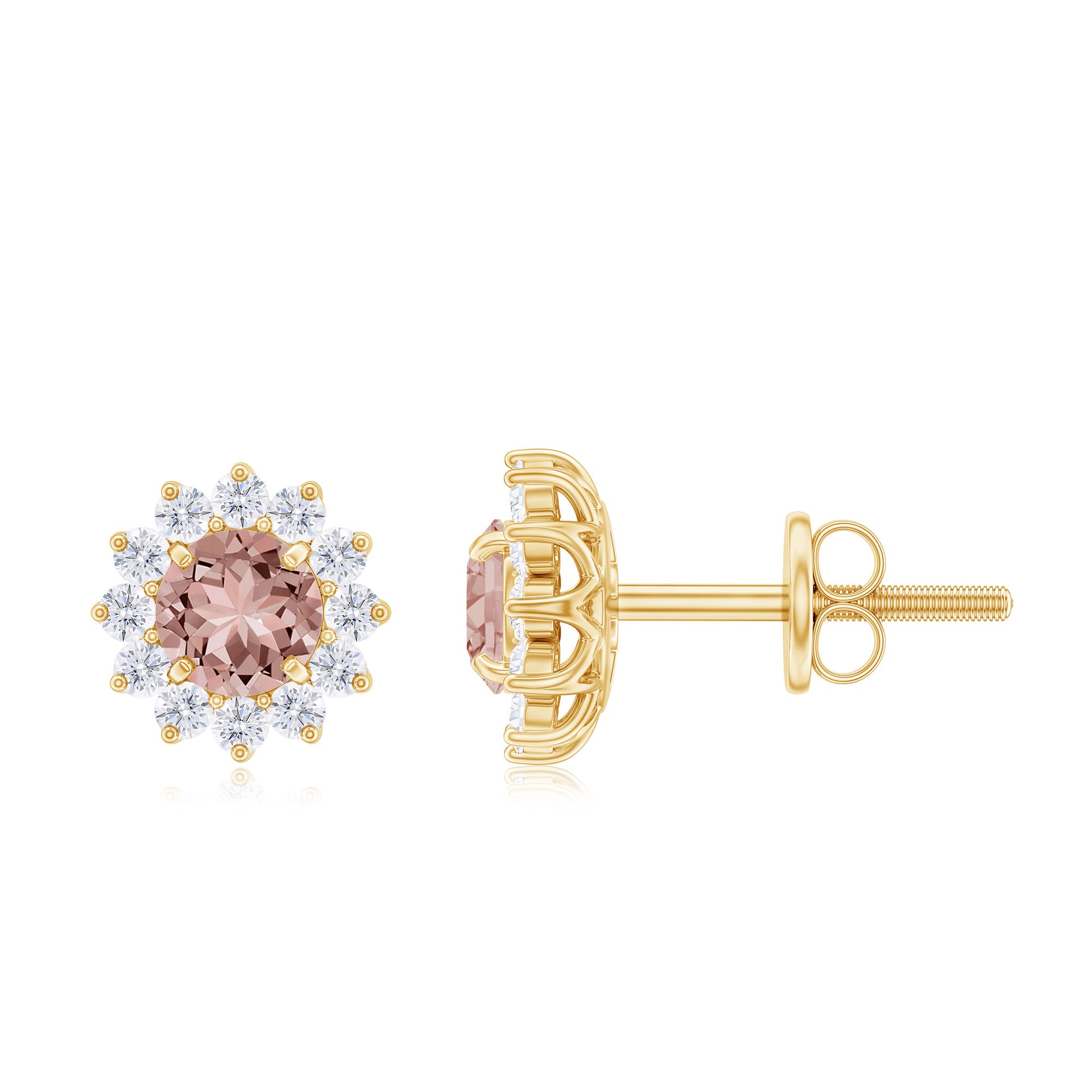 Natural Morganite and Diamond Flower Halo Stud Earrings Morganite - ( AAA ) - Quality - Rosec Jewels