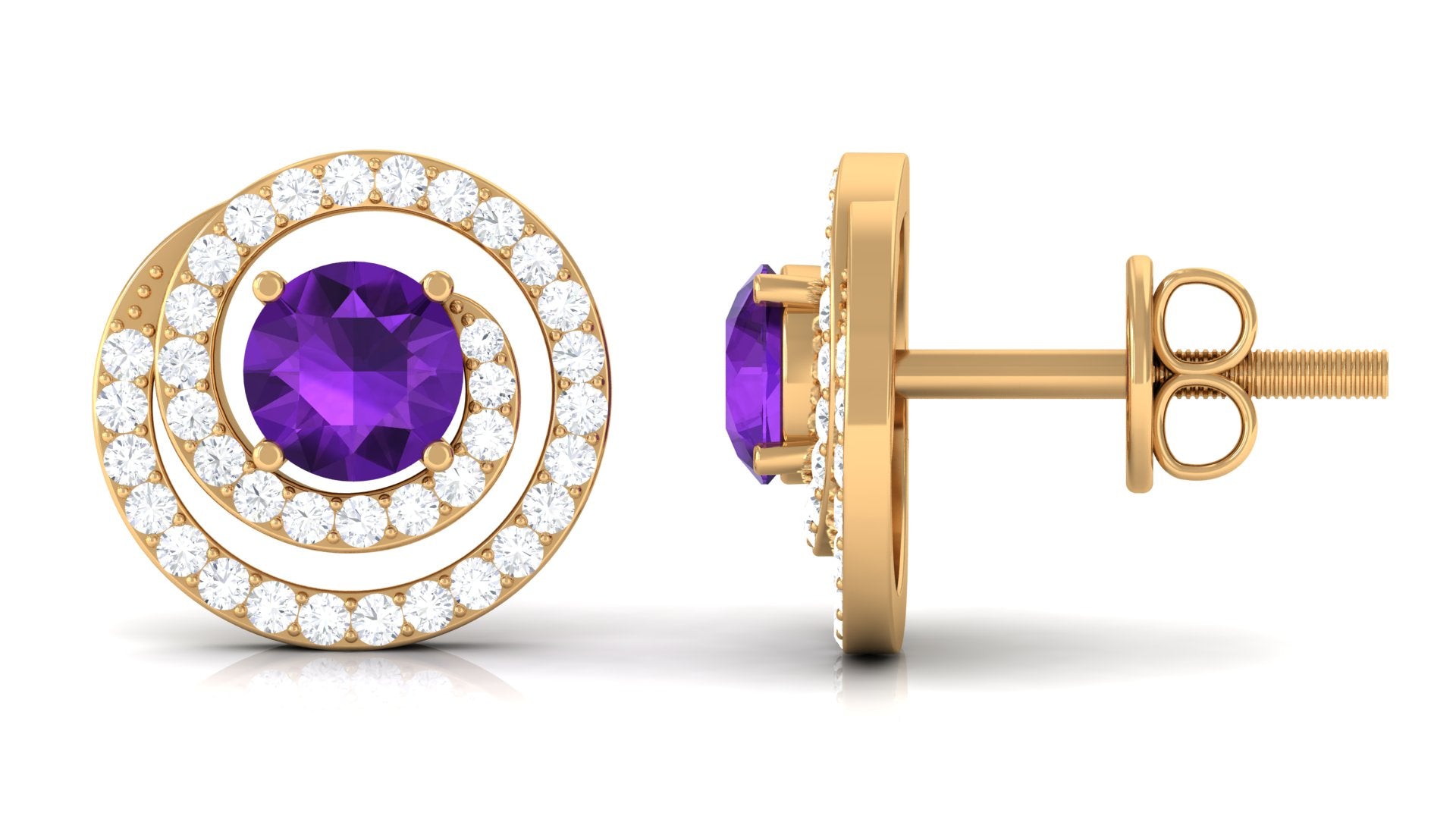 Round Amethyst and Diamond Contemporary Swirl Stud Earrings Amethyst - ( AAA ) - Quality - Rosec Jewels