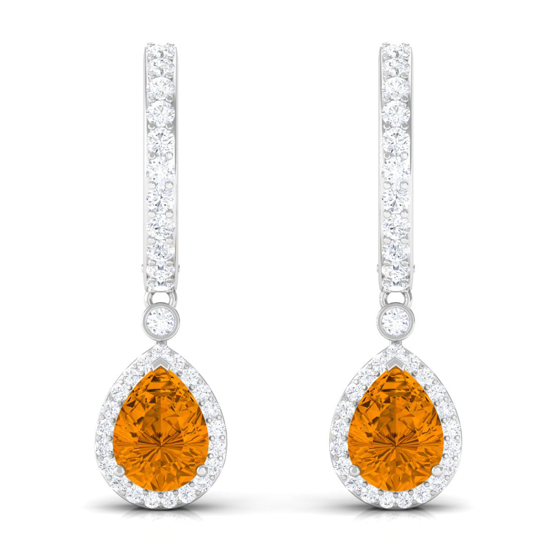 Pear Shape Citrine Hoop Drop Earrings with Moissanite Halo Citrine - ( AAA ) - Quality - Rosec Jewels