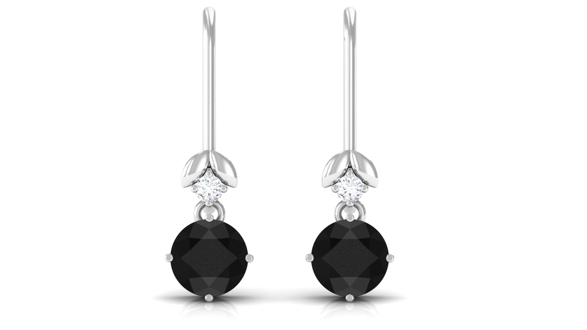 Black Onyx Fish Hook Earrings with Diamond Black Onyx - ( AAA ) - Quality - Rosec Jewels