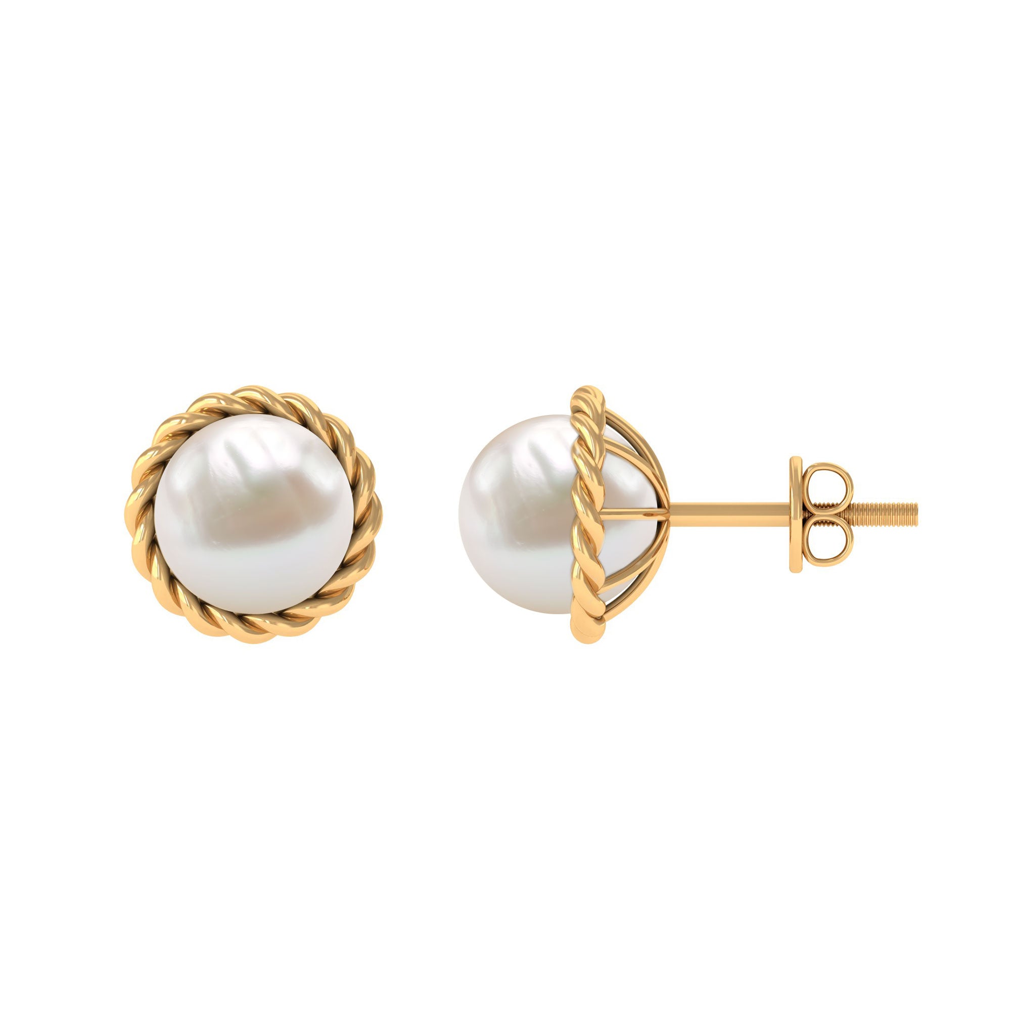 Real Freshwater Pearl Solitaire Stud Earrings with Rope Frame Detail Freshwater Pearl - ( AAA ) - Quality - Rosec Jewels