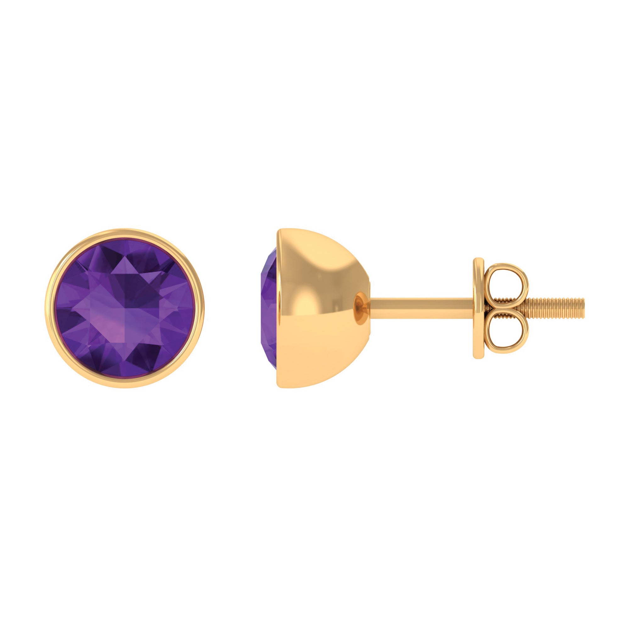 Round Amethyst Solitaire Stud Earrings in Bezel Setting Amethyst - ( AAA ) - Quality - Rosec Jewels