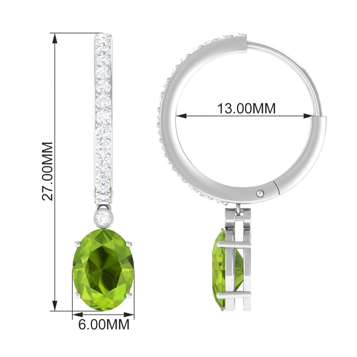 3 CT Oval Peridot Hoop Drop Earrings with Diamond Peridot - ( AAA ) - Quality - Rosec Jewels