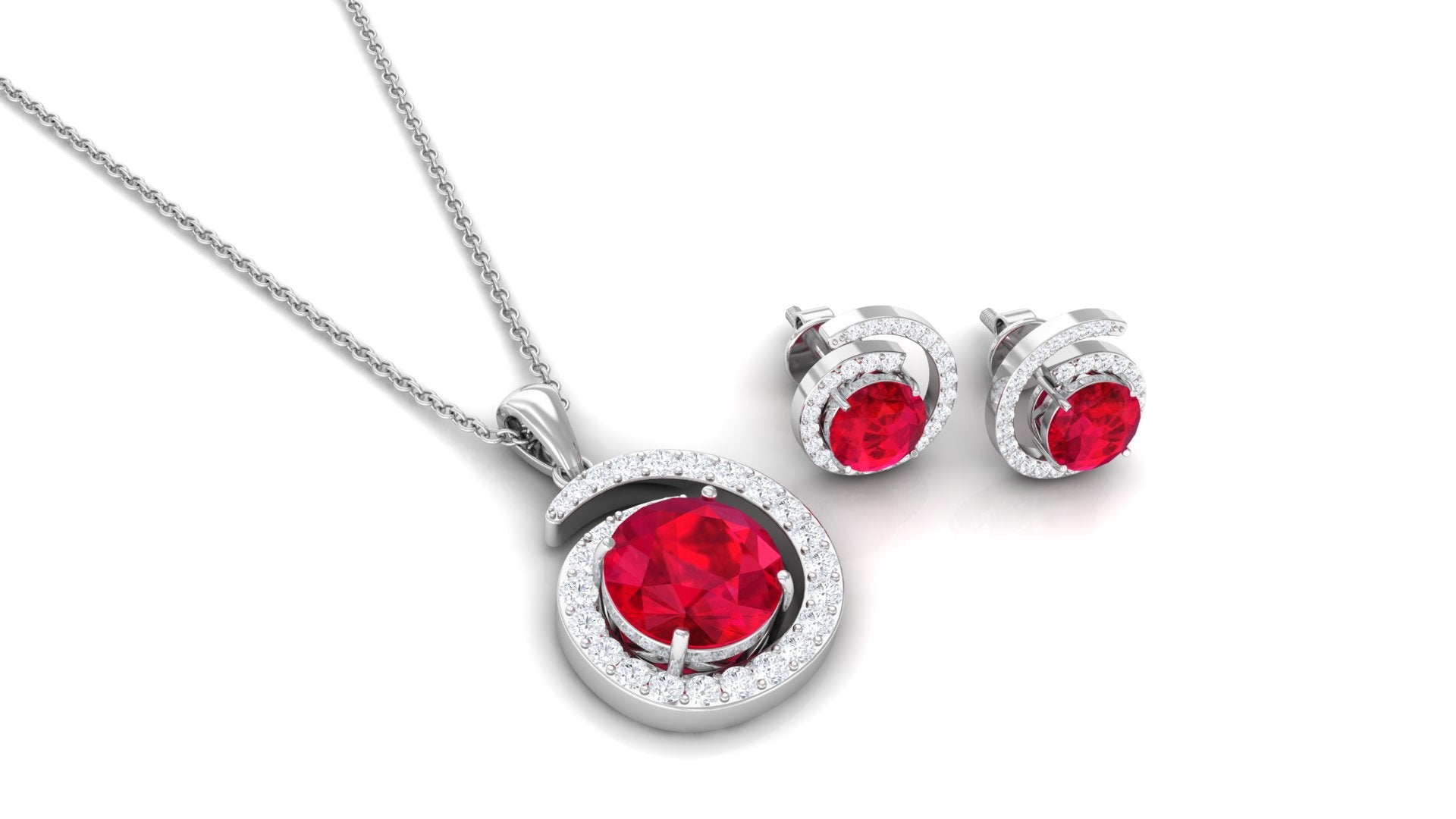 Created Ruby and Moissanite Swirl Pendant and Earrings Set Lab Created Ruby - ( AAAA ) - Quality - Rosec Jewels