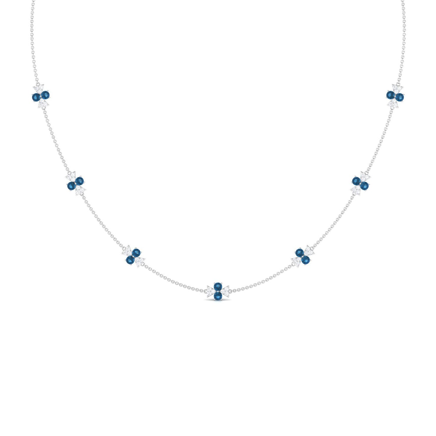 London Blue Topaz Station Chain Necklace with Moissanite London Blue Topaz - ( AAA ) - Quality - Rosec Jewels